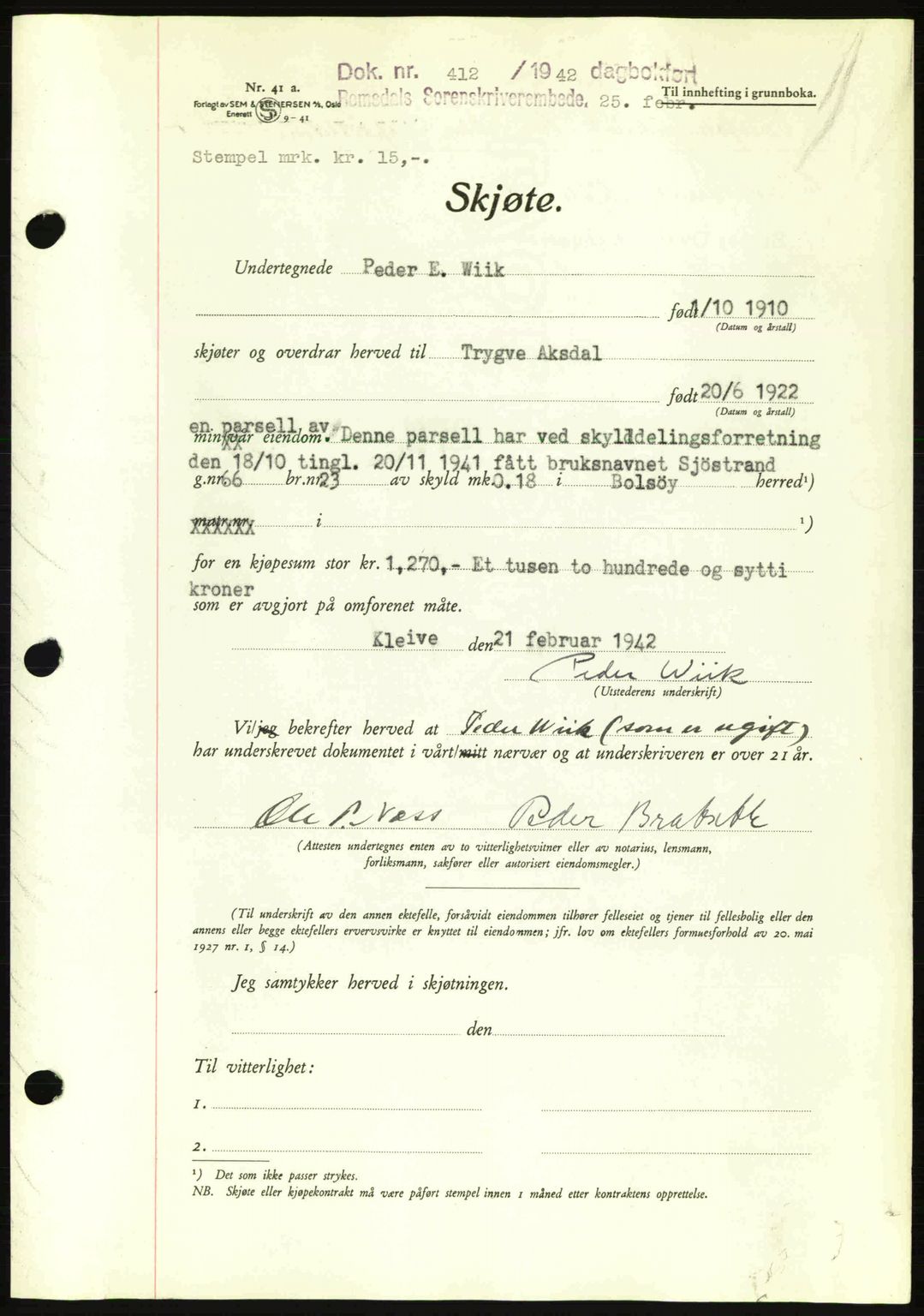 Romsdal sorenskriveri, AV/SAT-A-4149/1/2/2C: Mortgage book no. A11, 1941-1942, Diary no: : 412/1942