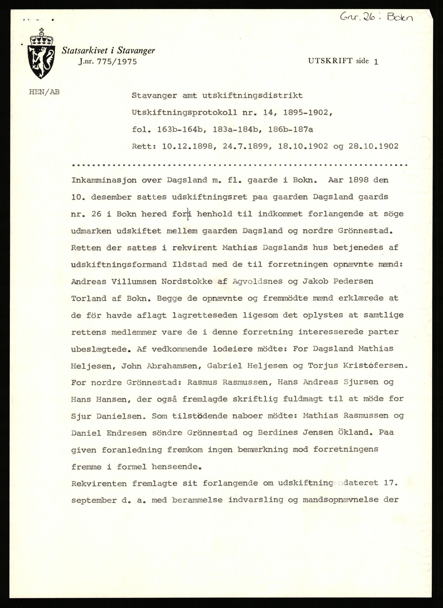 Statsarkivet i Stavanger, SAST/A-101971/03/Y/Yj/L0013: Avskrifter sortert etter gårdsnavn: Bæreim - Dalen, 1750-1930, p. 410