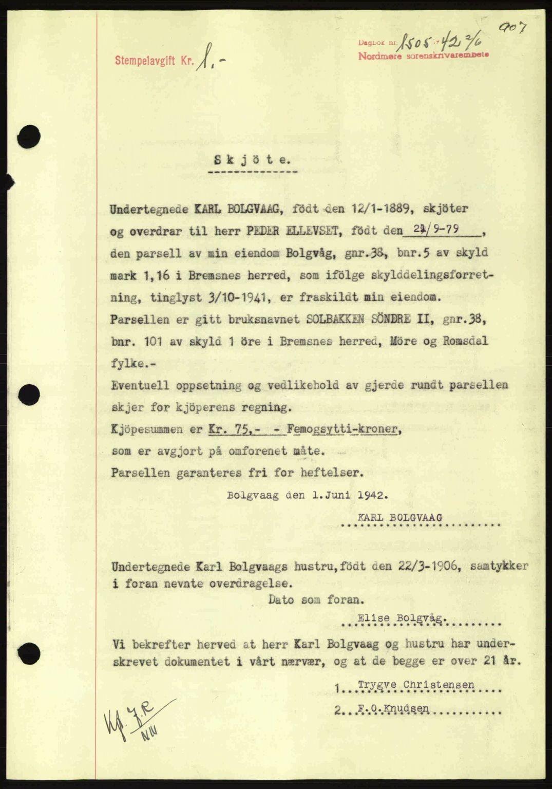 Nordmøre sorenskriveri, AV/SAT-A-4132/1/2/2Ca: Mortgage book no. A92, 1942-1942, Diary no: : 1505/1942