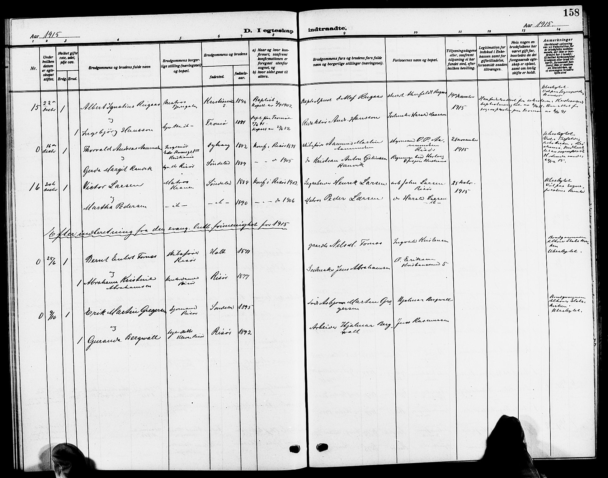 Risør sokneprestkontor, SAK/1111-0035/F/Fb/L0008: Parish register (copy) no. B 8, 1909-1921, p. 158