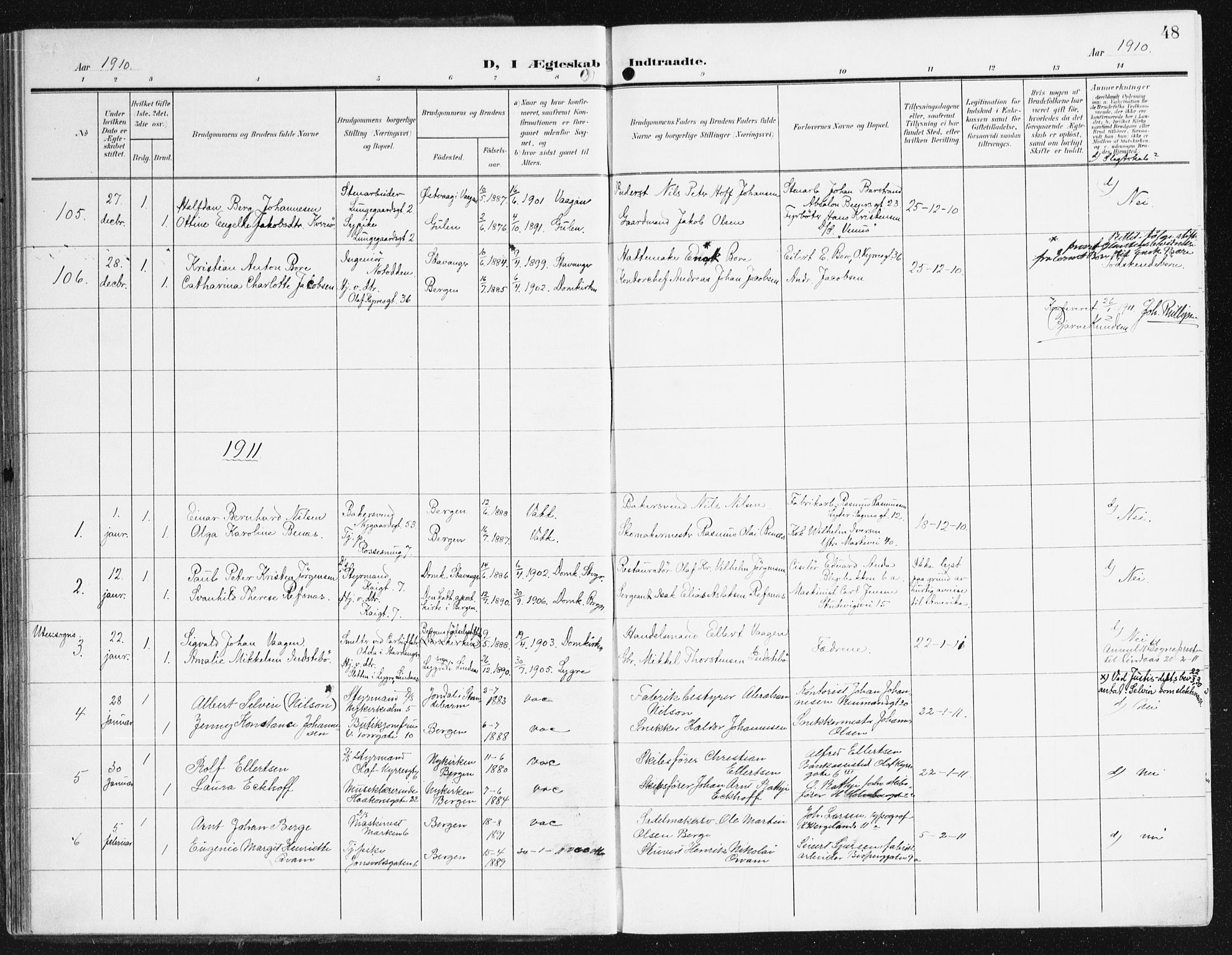 Domkirken sokneprestembete, SAB/A-74801/H/Haa/L0038: Parish register (official) no. D 5, 1906-1921, p. 48