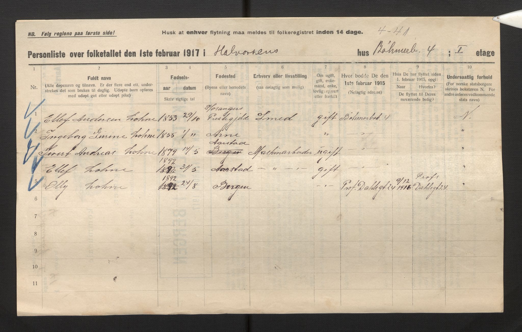 SAB, Municipal Census 1917 for Bergen, 1917, p. 47260