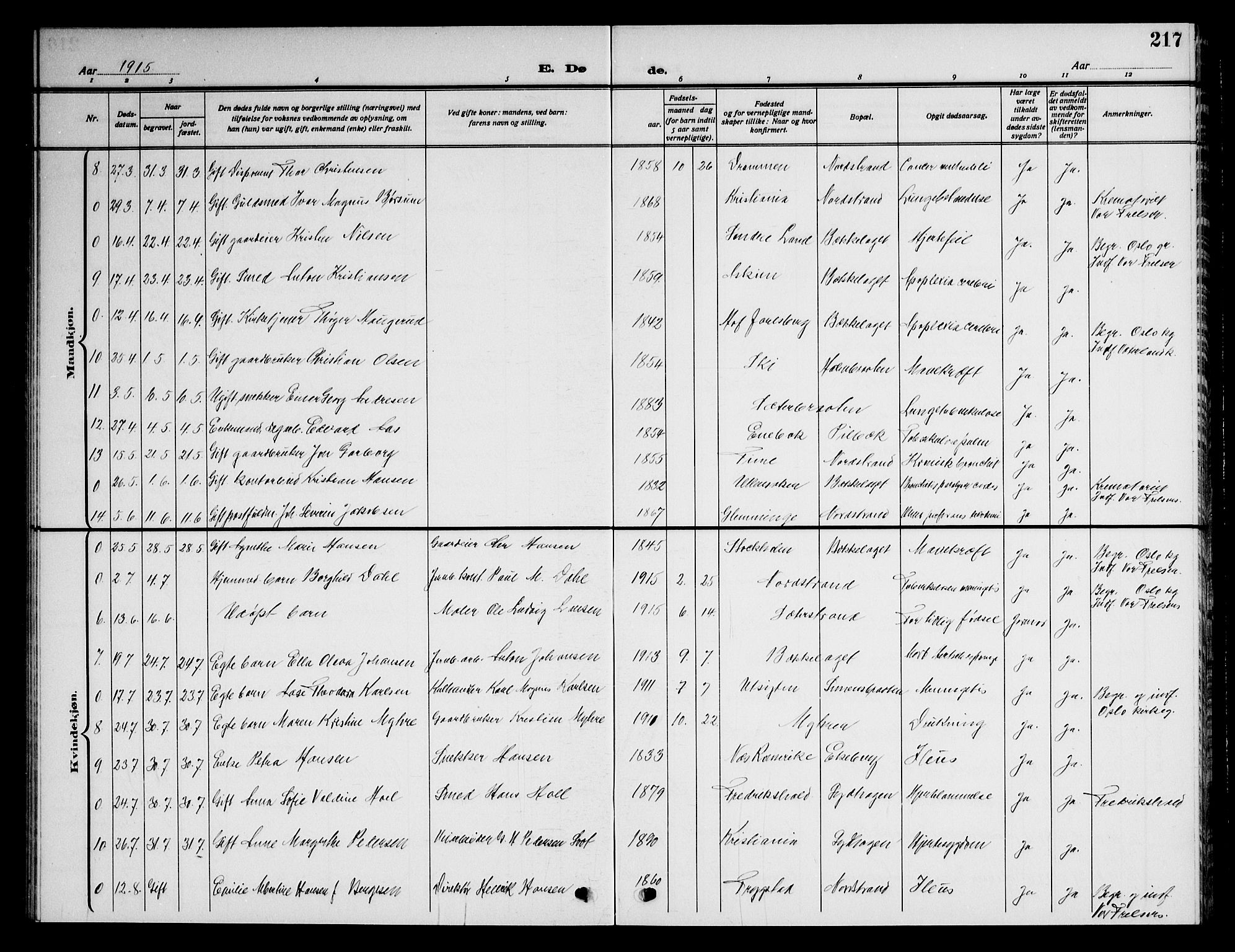 Nordstrand prestekontor Kirkebøker, SAO/A-10362a/G/Ga/L0001: Parish register (copy) no. I 1, 1911-1918, p. 217