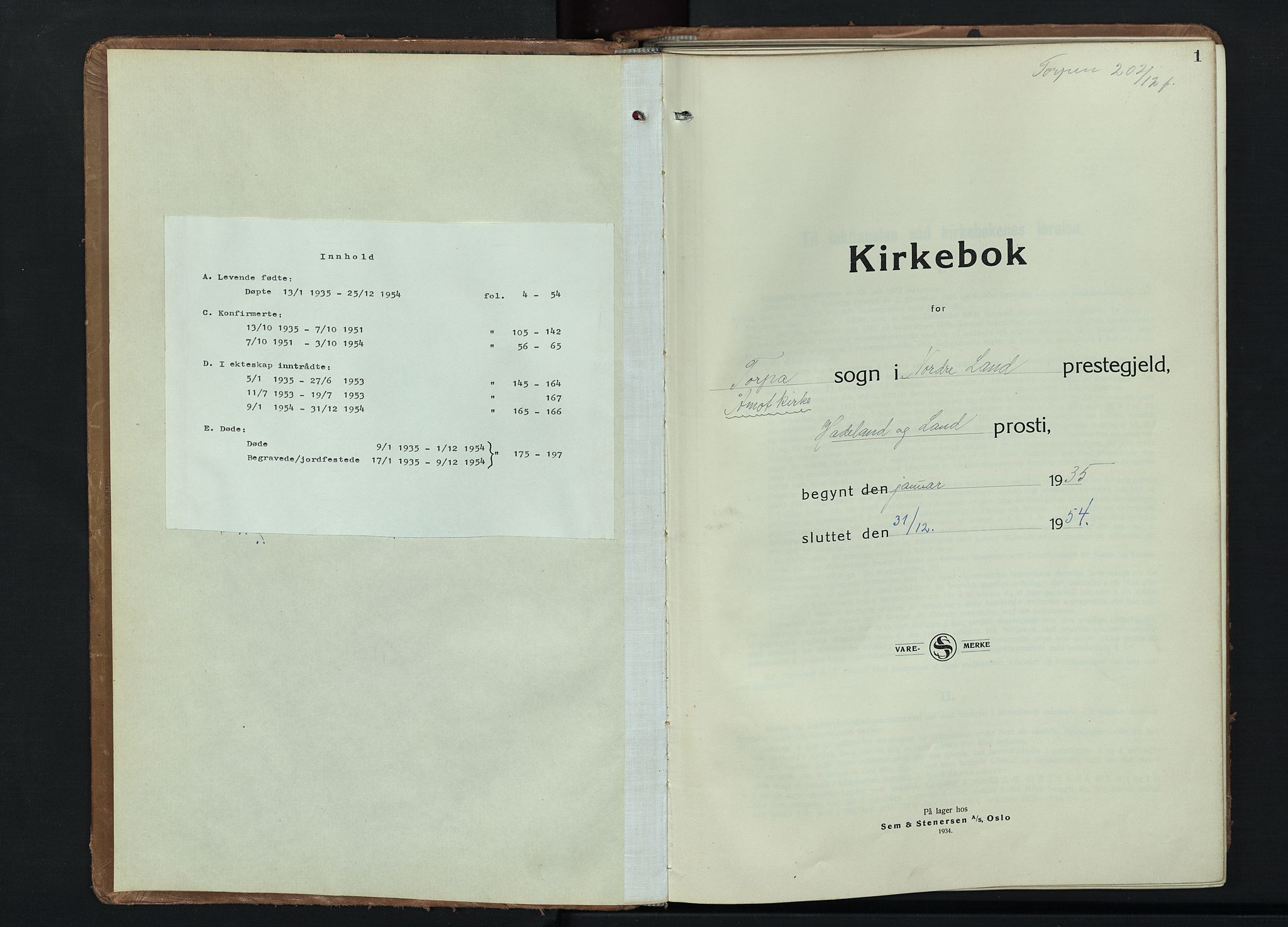 Nordre Land prestekontor, SAH/PREST-124/H/Ha/Hab/L0004: Parish register (copy) no. 4, 1935-1954, p. 1