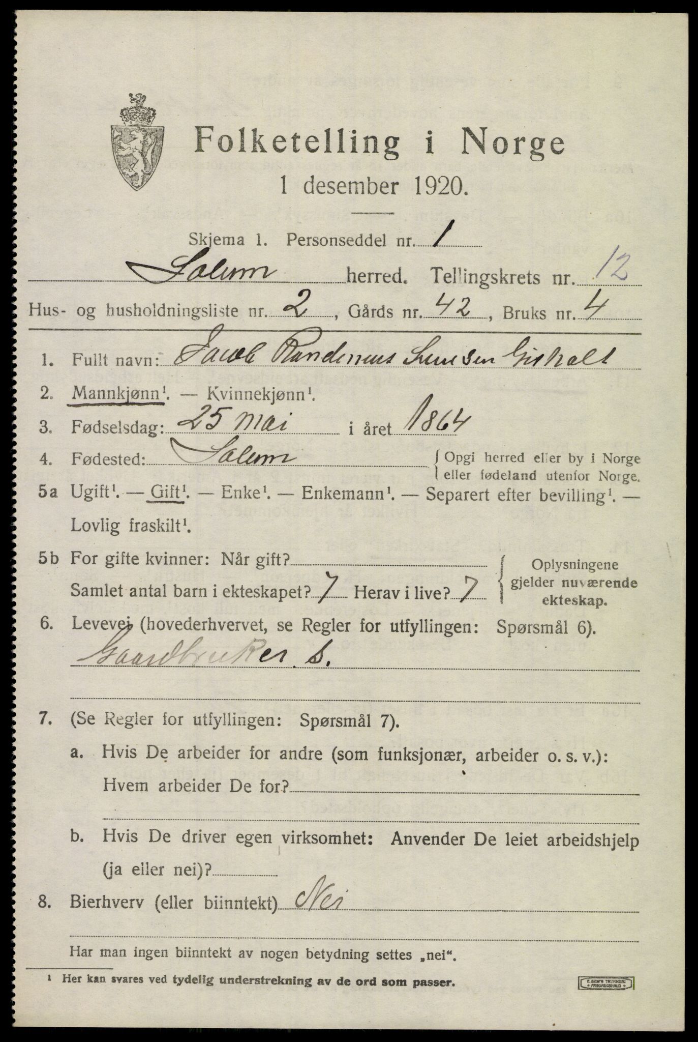 SAKO, 1920 census for Solum, 1920, p. 17032