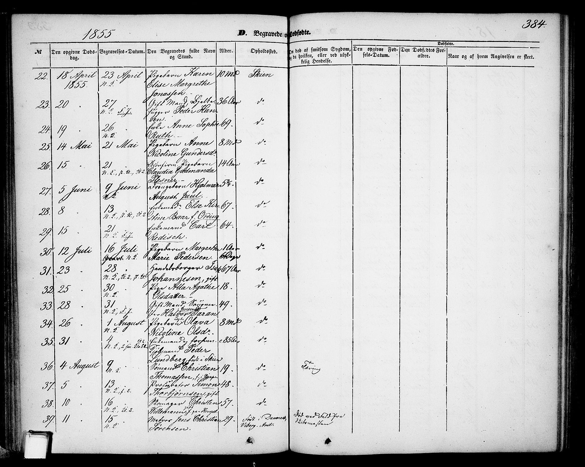 Skien kirkebøker, SAKO/A-302/G/Ga/L0004: Parish register (copy) no. 4, 1843-1867, p. 384