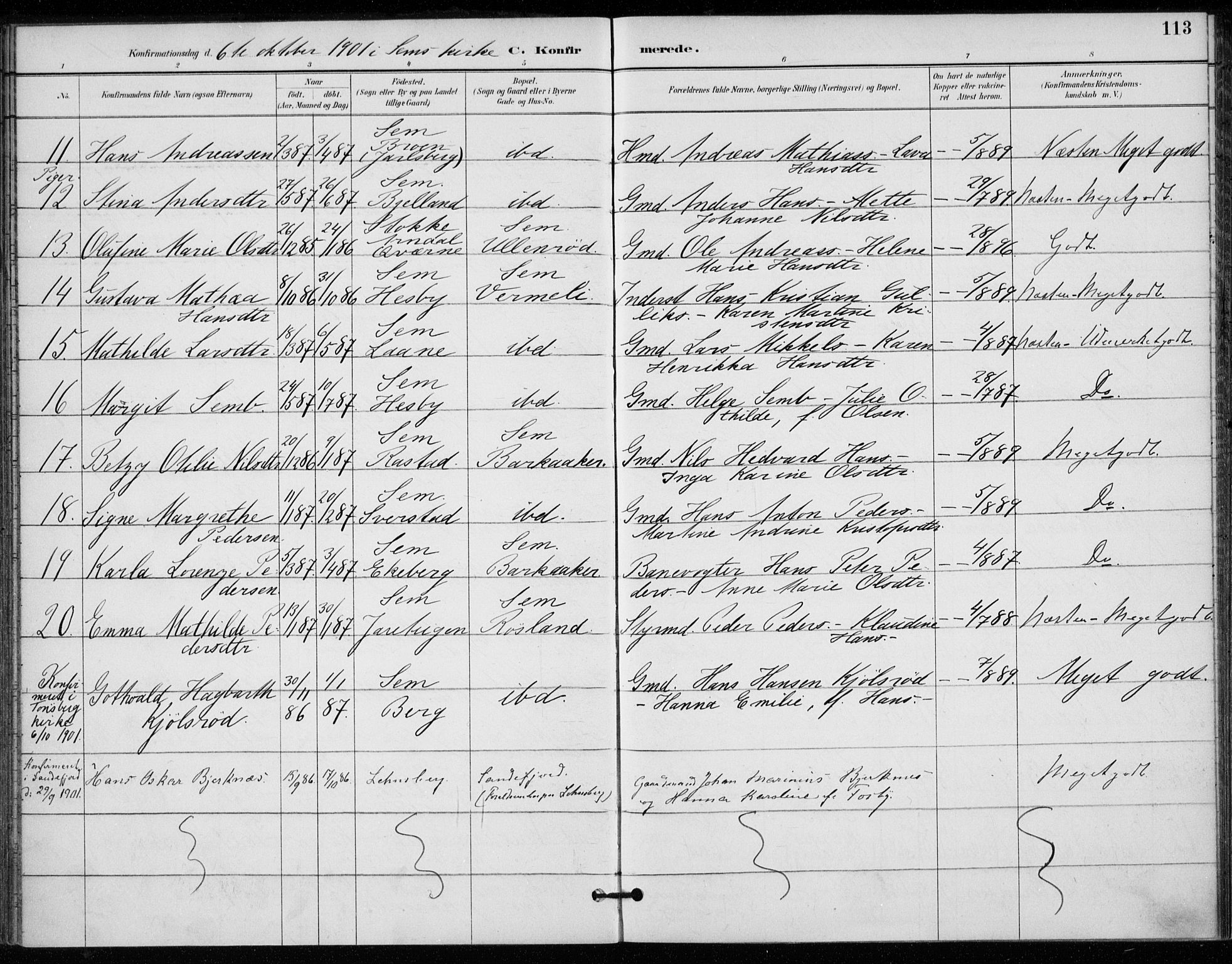 Sem kirkebøker, AV/SAKO-A-5/F/Fa/L0011: Parish register (official) no. I 11, 1888-1904, p. 113