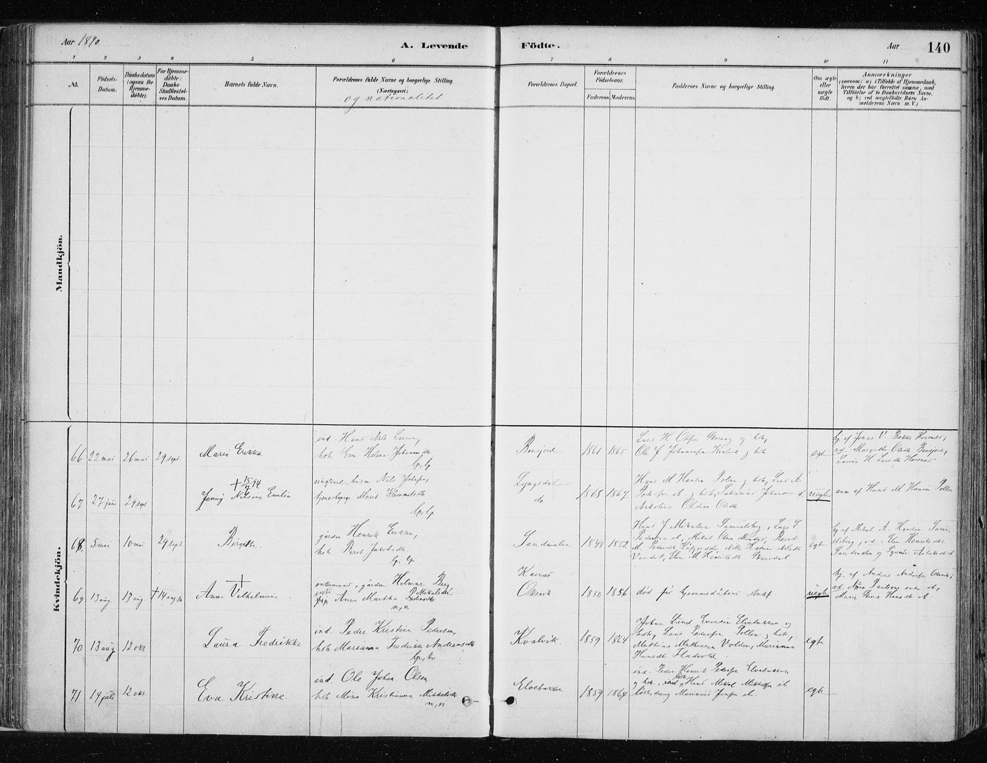 Lyngen sokneprestembete, AV/SATØ-S-1289/H/He/Hea/L0007kirke: Parish register (official) no. 7, 1879-1890, p. 140