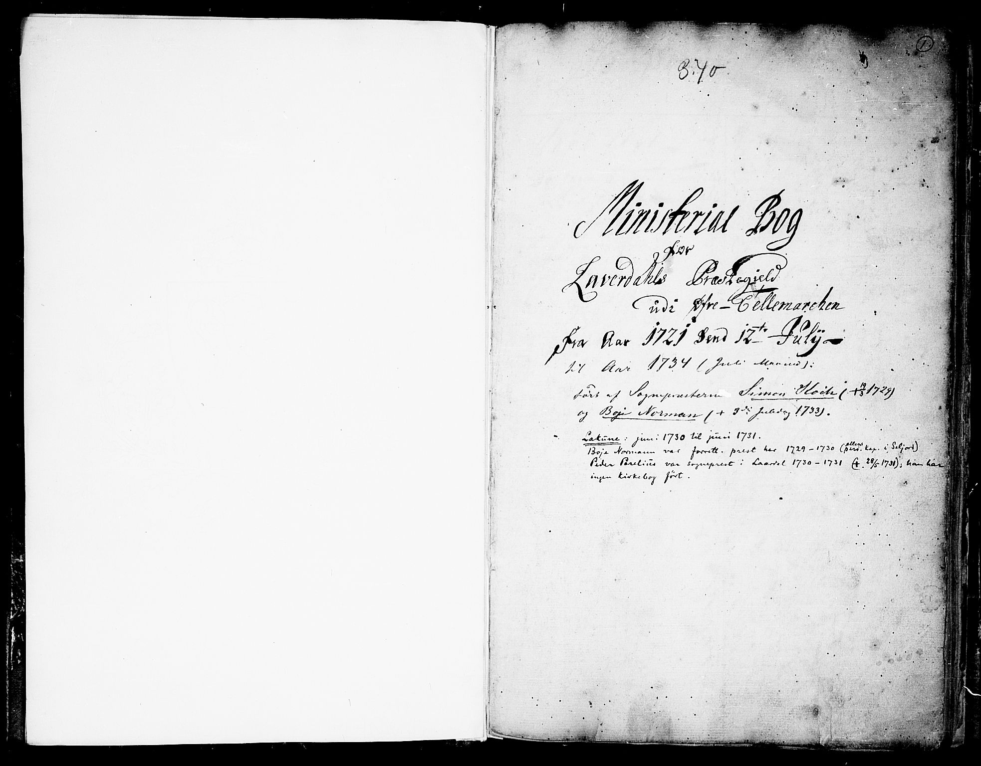 Lårdal kirkebøker, SAKO/A-284/F/Fa/L0001: Parish register (official) no. I 1, 1721-1734, p. 1