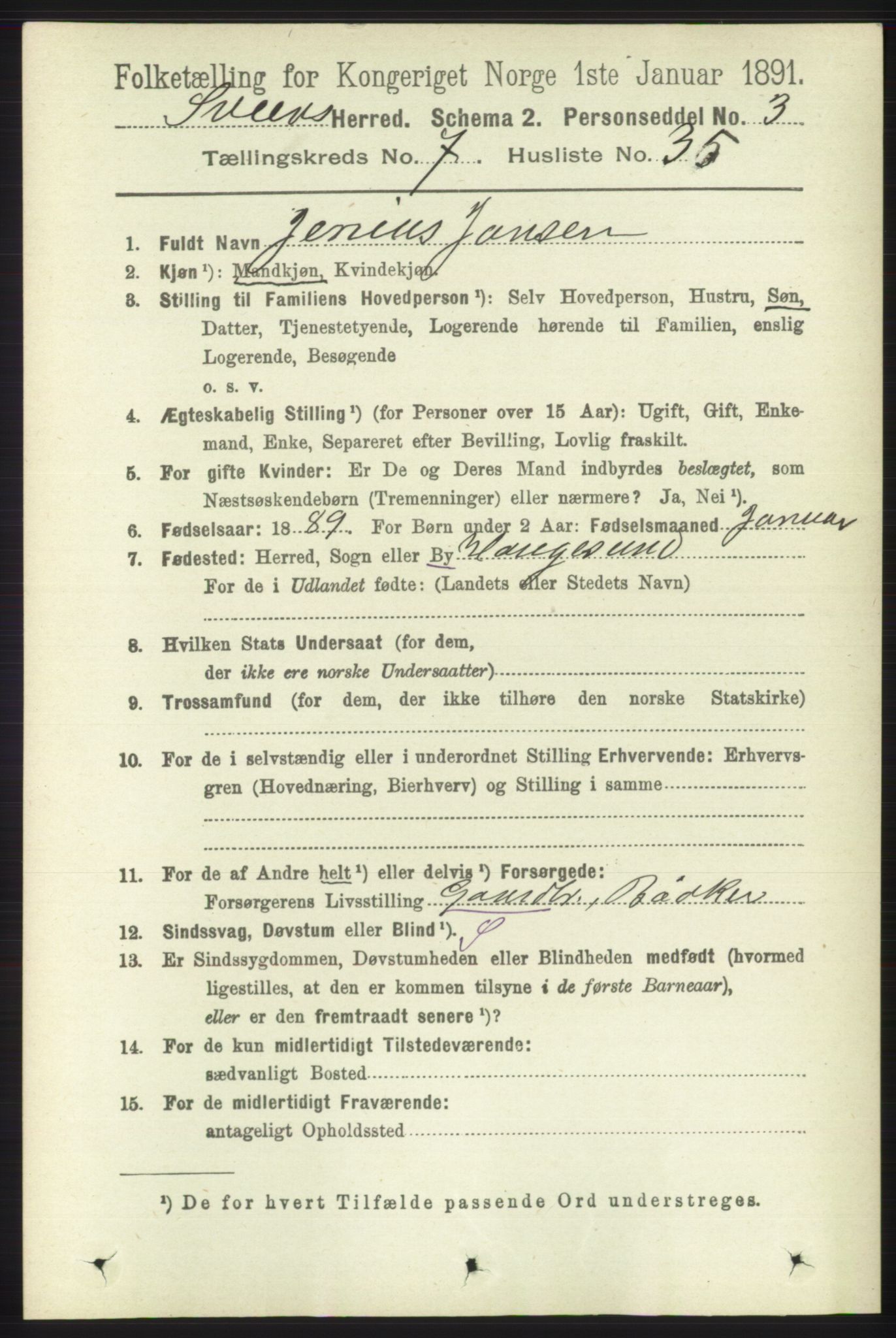 RA, 1891 census for 1216 Sveio, 1891, p. 2179