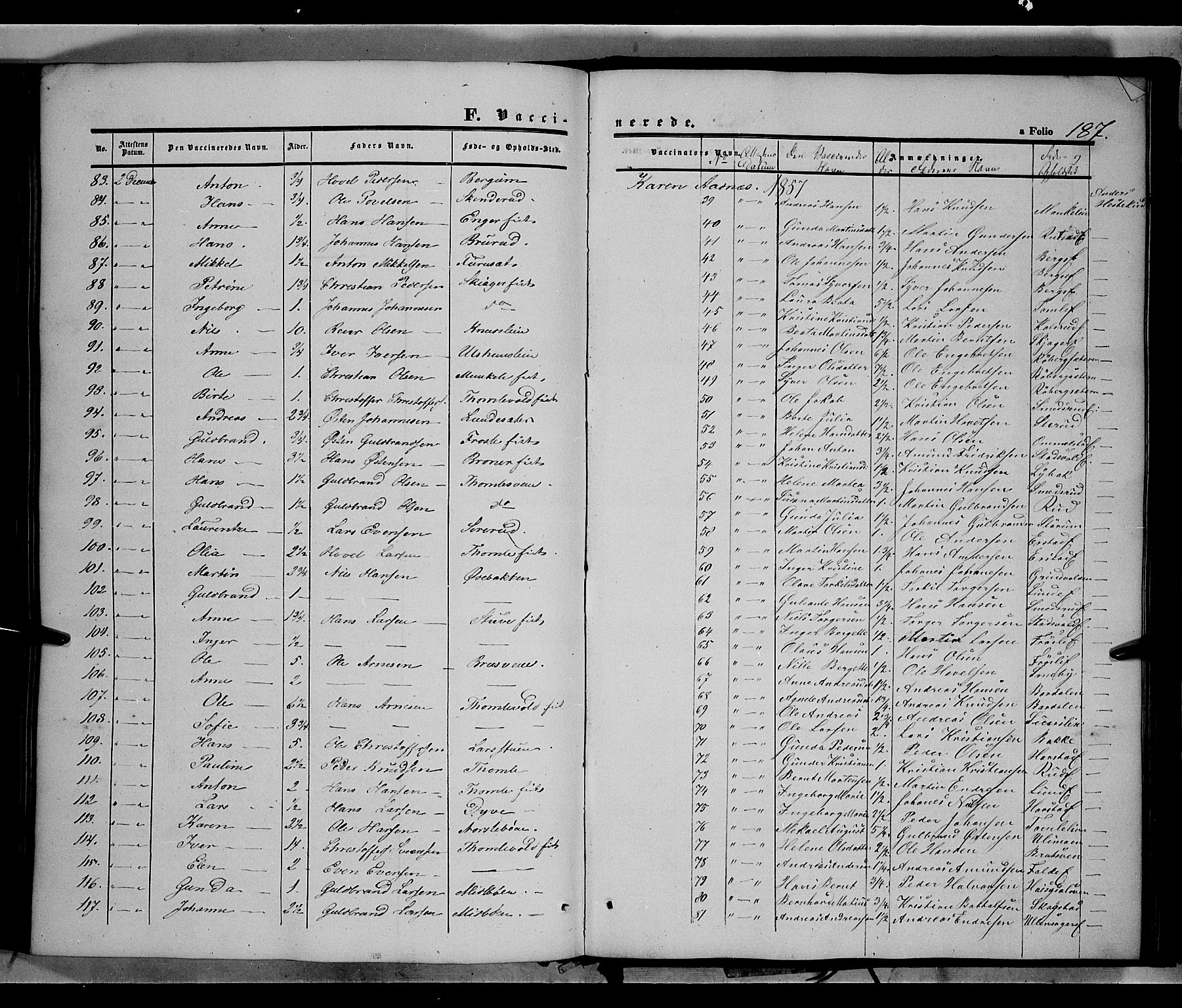Land prestekontor, SAH/PREST-120/H/Ha/Haa/L0010: Parish register (official) no. 10, 1847-1859, p. 187