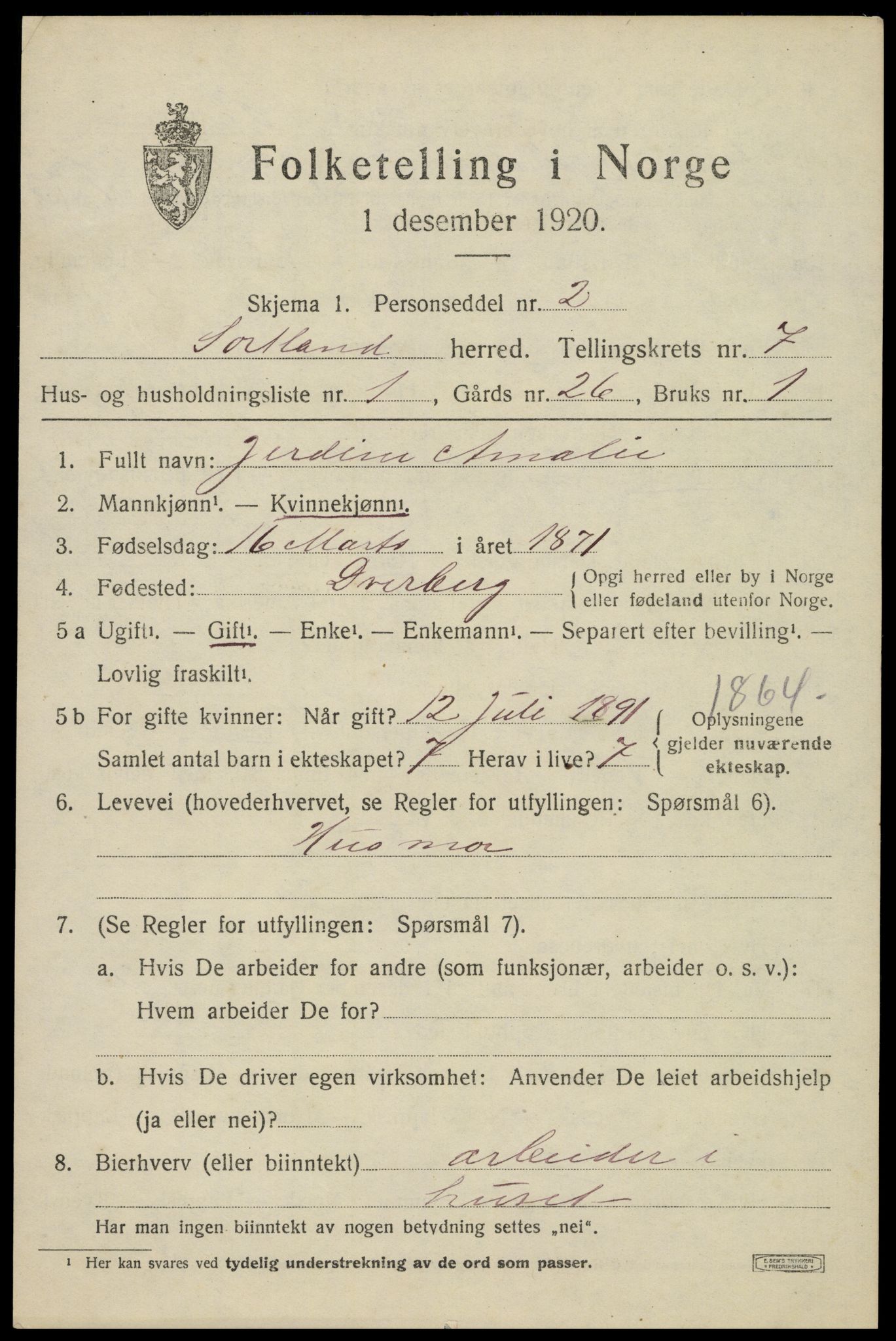 SAT, 1920 census for Sortland, 1920, p. 6536