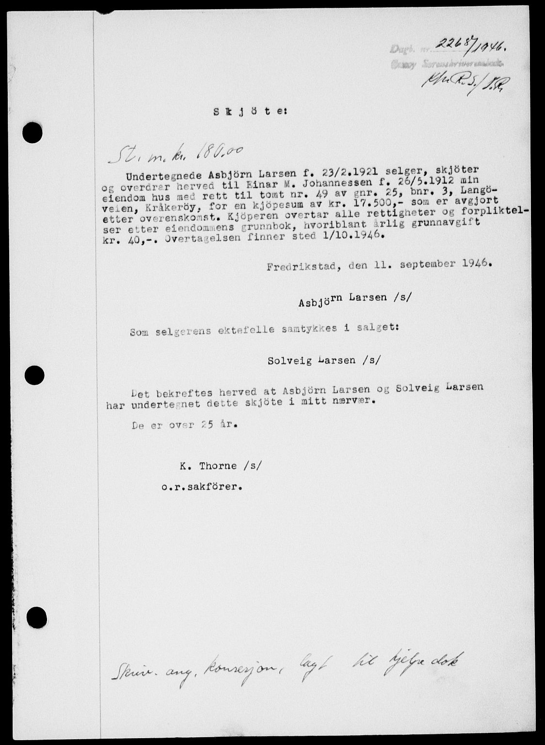 Onsøy sorenskriveri, SAO/A-10474/G/Ga/Gab/L0017: Mortgage book no. II A-17, 1946-1946, Diary no: : 2269/1946