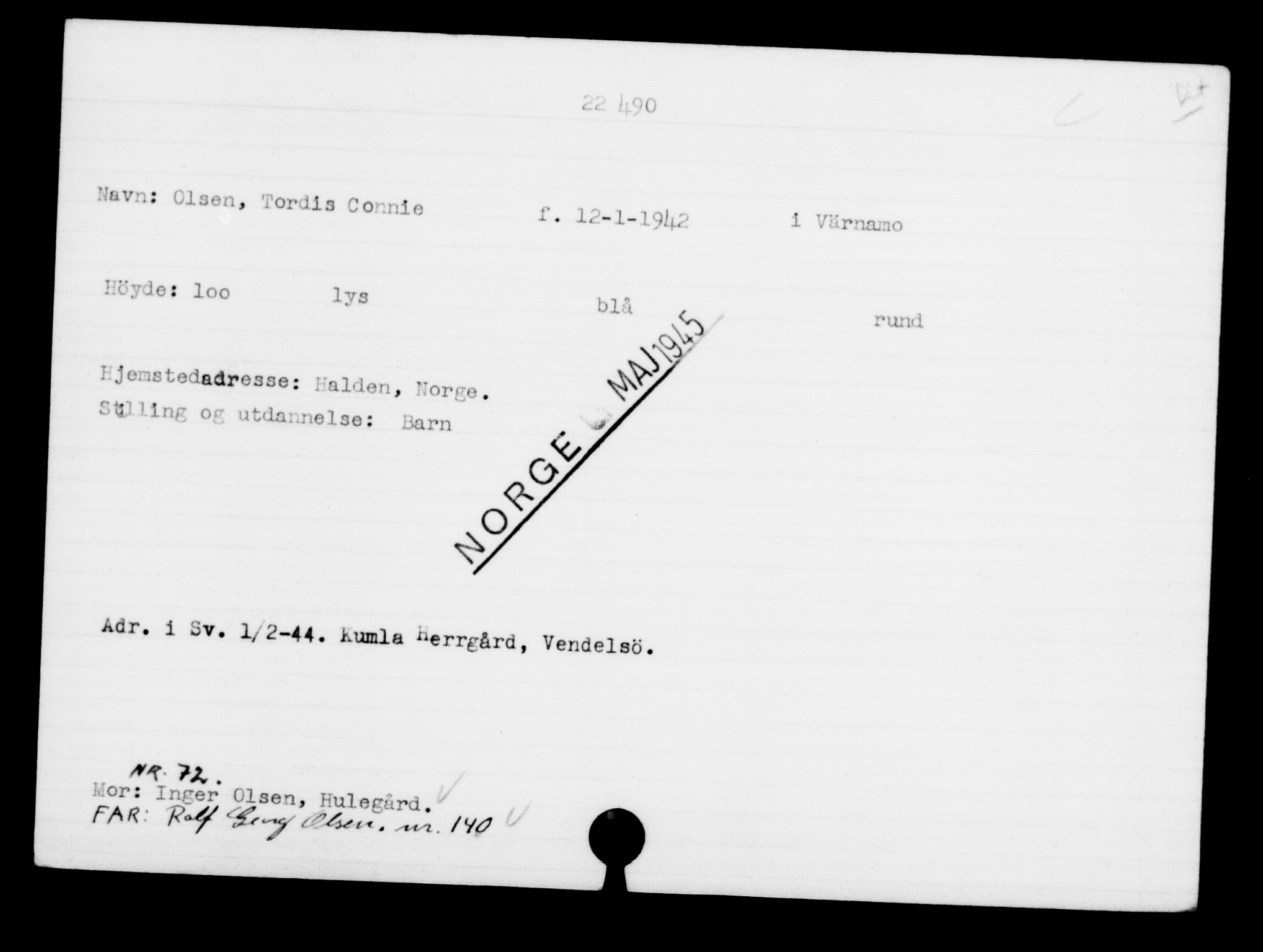 Utenriksstasjonene, Legasjonen i Stockholm, Flyktningkontoret, AV/RA-S-6753/V/Va/L0010: Kjesäterkartoteket, flyktninger med registreringsnr. 22000-25314, 1940-1945, p. 543