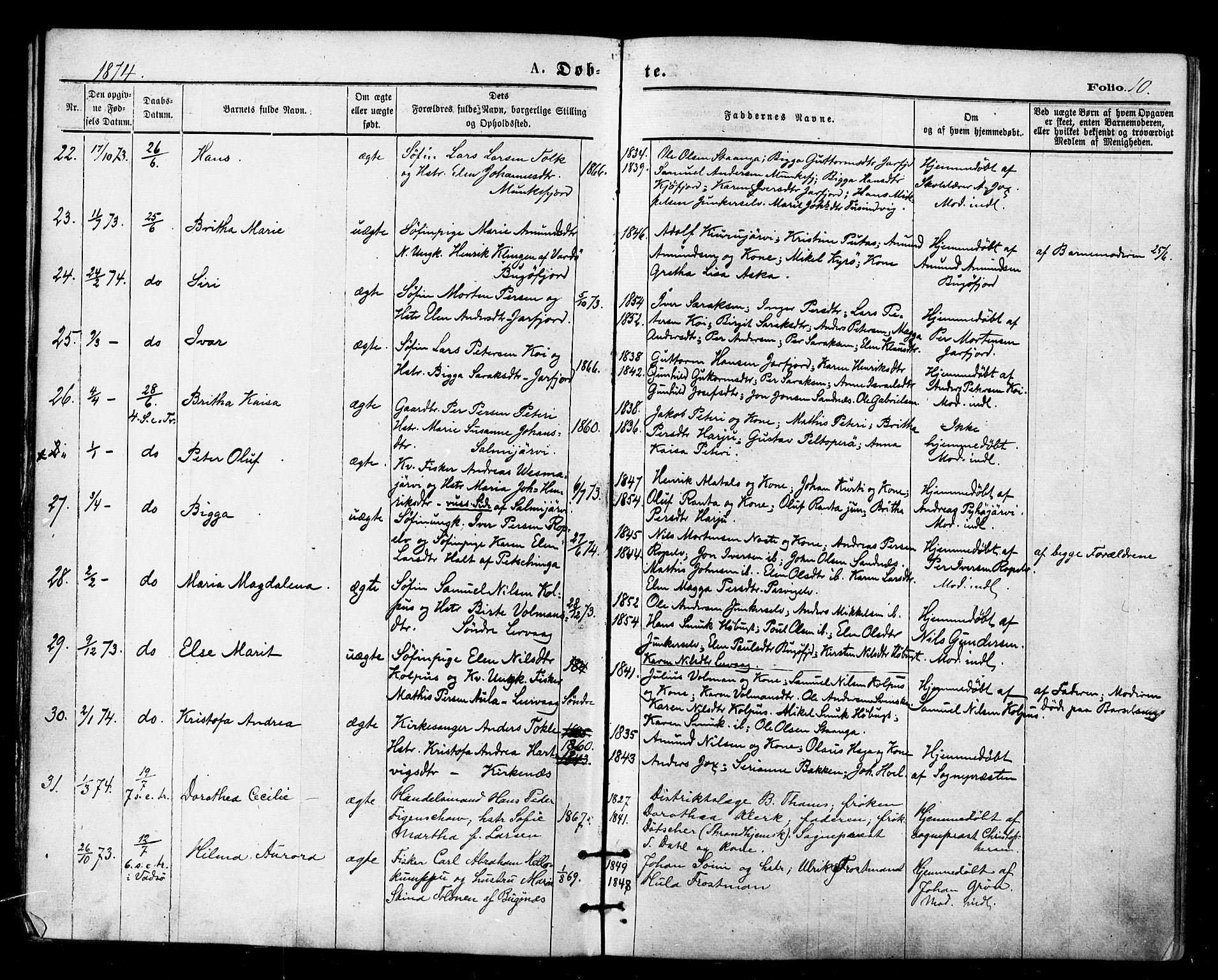 Sør-Varanger sokneprestkontor, AV/SATØ-S-1331/H/Ha/L0002kirke: Parish register (official) no. 2, 1873-1877, p. 10