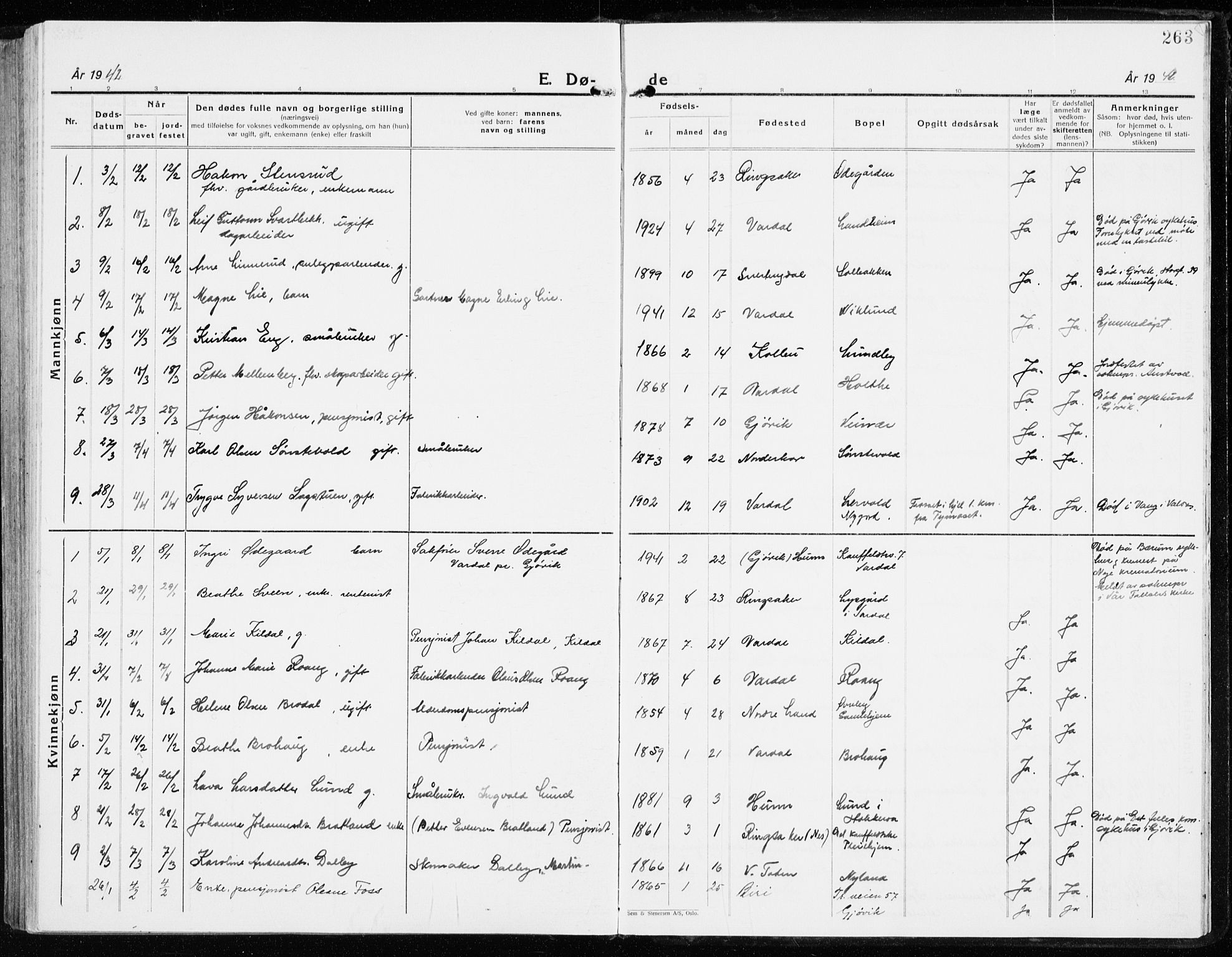 Vardal prestekontor, AV/SAH-PREST-100/H/Ha/Haa/L0018: Parish register (official) no. 18, 1930-1945, p. 263