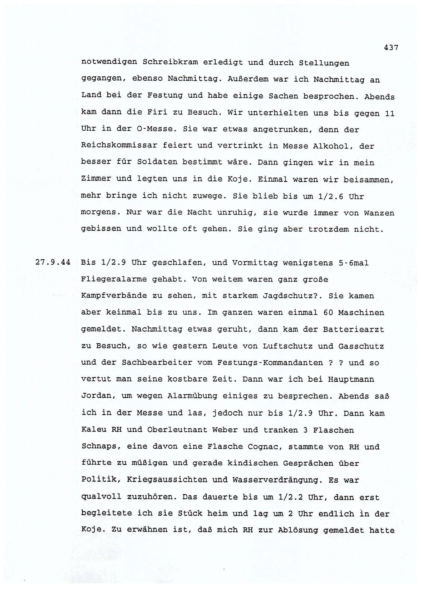 Dagbokopptegnelser av en tysk marineoffiser stasjonert i Norge , FMFB/A-1160/F/L0001: Dagbokopptegnelser av en tysk marineoffiser stasjonert i Norge, 1941-1944, p. 437