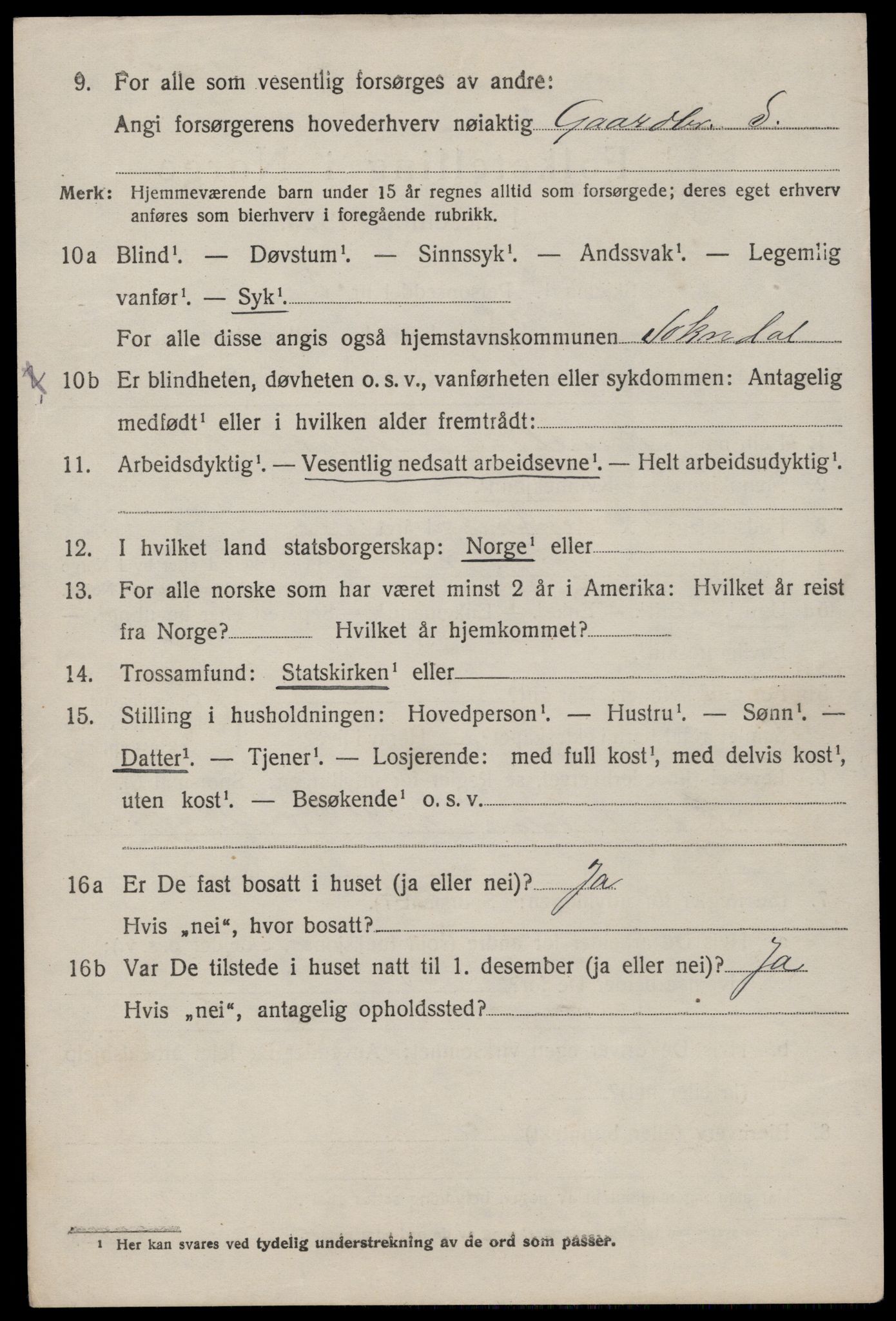 SAST, 1920 census for Sokndal, 1920, p. 4824