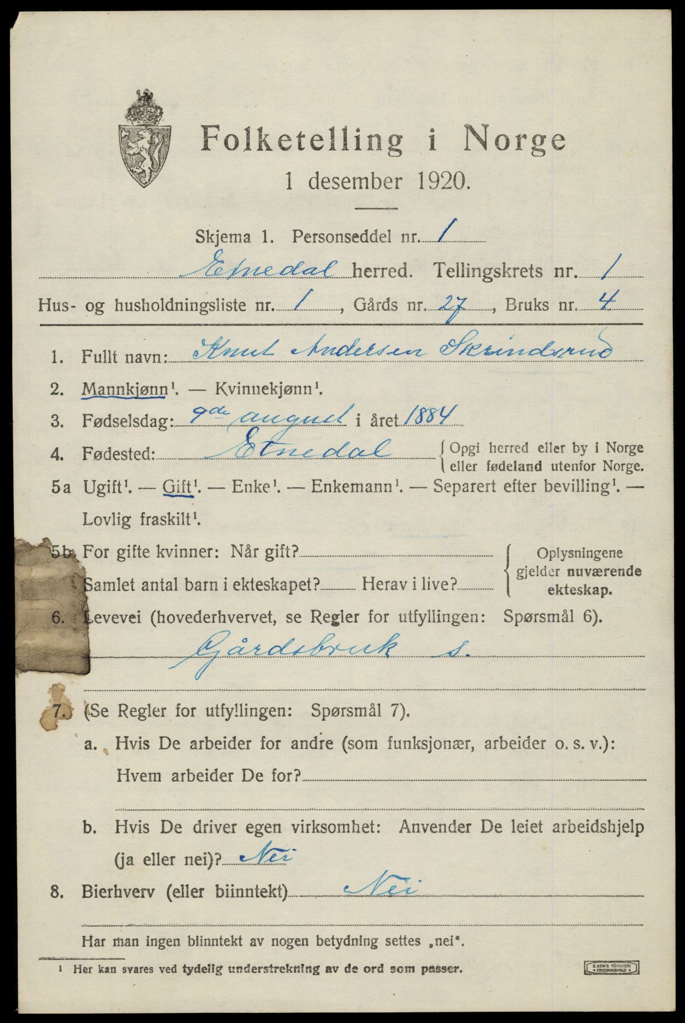 SAH, 1920 census for Etnedal, 1920, p. 790