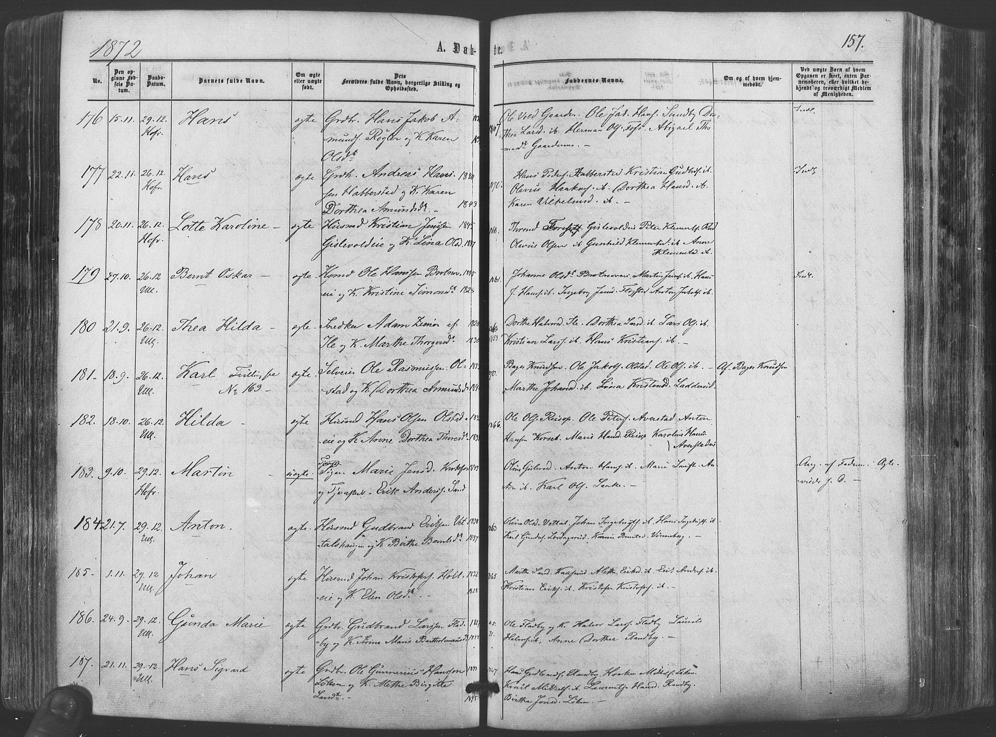 Ullensaker prestekontor Kirkebøker, SAO/A-10236a/F/Fa/L0016: Parish register (official) no. I 16, 1863-1875, p. 157