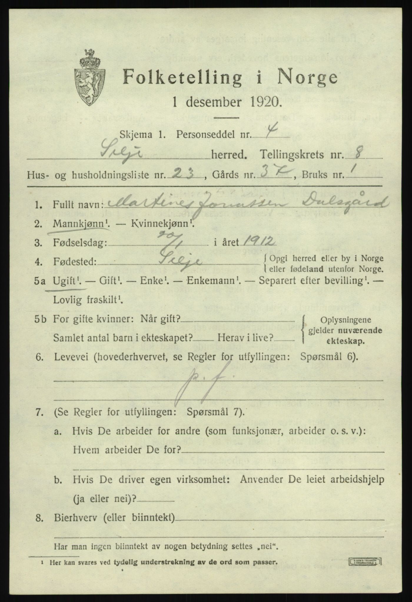 SAB, 1920 census for Selje, 1920, p. 4313