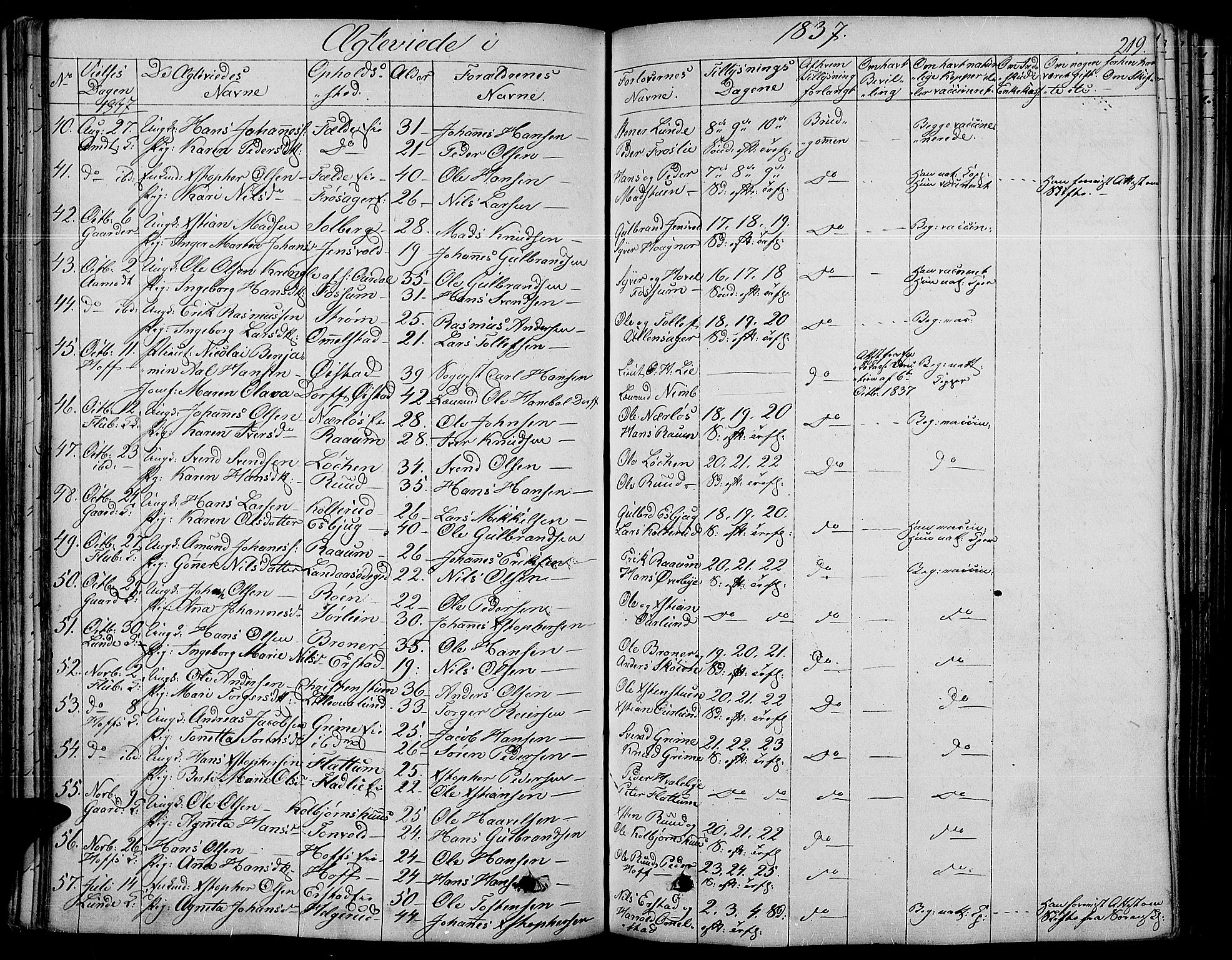 Land prestekontor, SAH/PREST-120/H/Ha/Haa/L0008: Parish register (official) no. 8, 1830-1846, p. 219