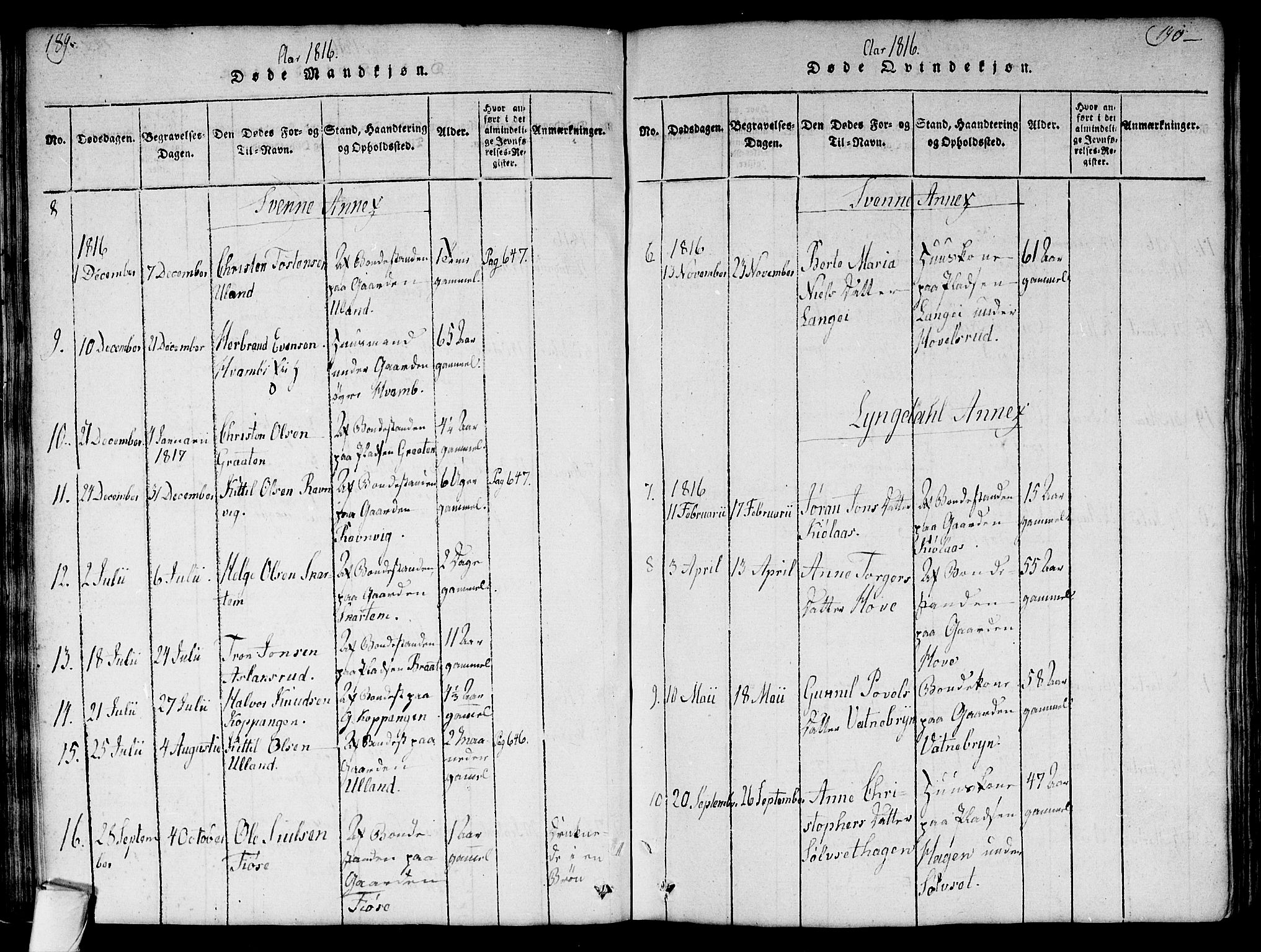 Flesberg kirkebøker, AV/SAKO-A-18/G/Ga/L0001: Parish register (copy) no. I 1, 1816-1834, p. 189-190