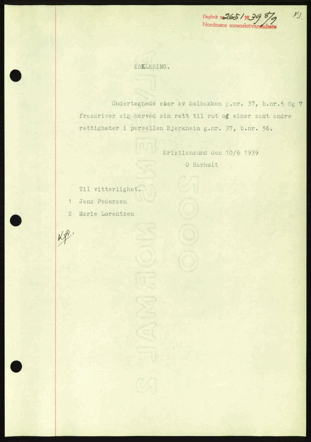 Nordmøre sorenskriveri, AV/SAT-A-4132/1/2/2Ca: Mortgage book no. B86, 1939-1940, Diary no: : 2651/1939