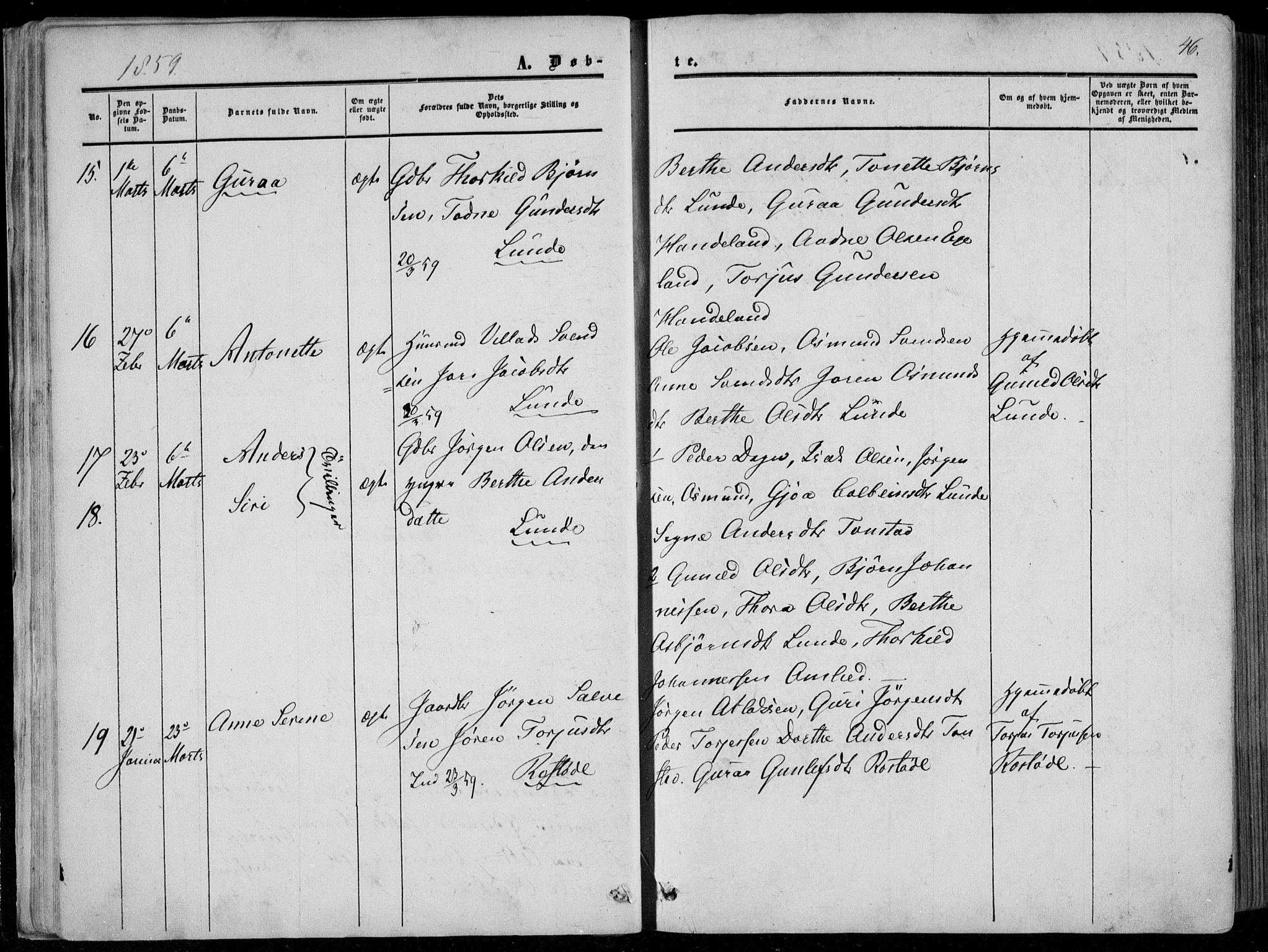 Sirdal sokneprestkontor, AV/SAK-1111-0036/F/Fa/Fab/L0002: Parish register (official) no. A 2, 1855-1874, p. 46