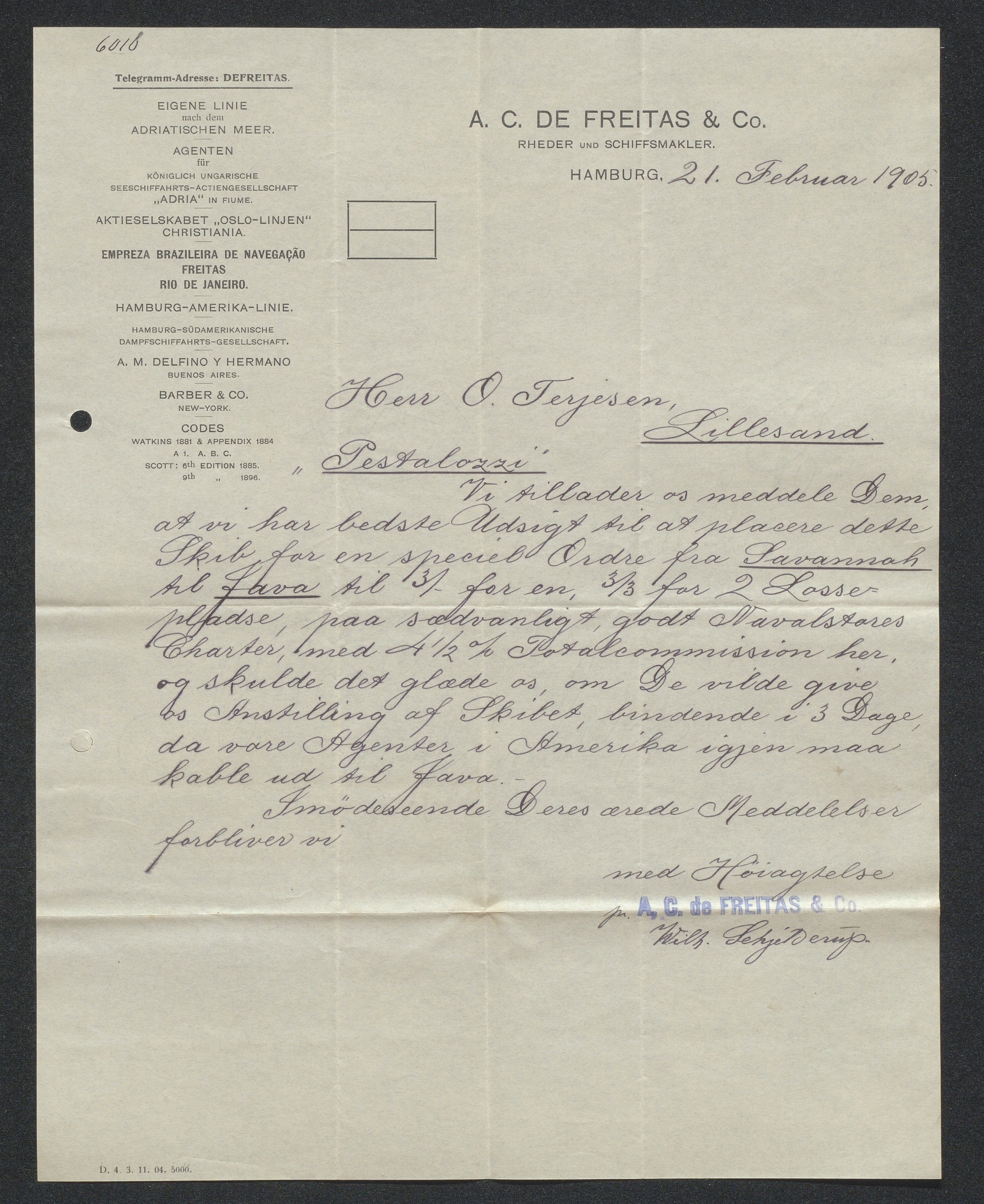 O. Terjesens rederi, AAKS/PA-2525/E/E01/L0013: Korrespondanse, 1904-1905