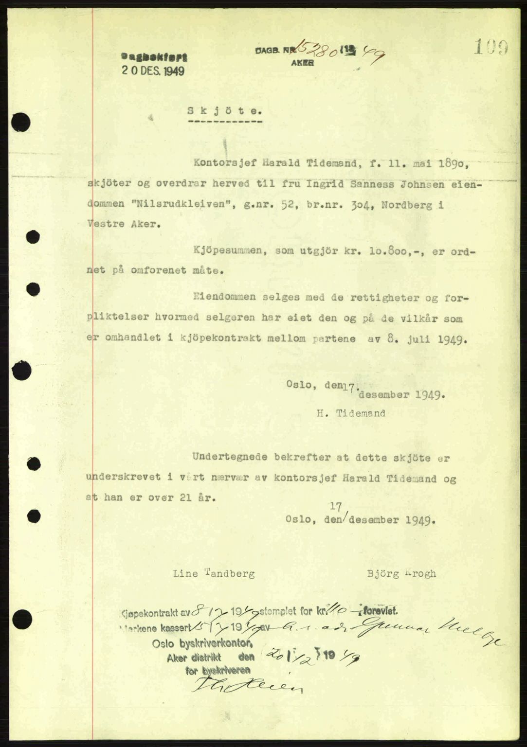 Oslo byskriverembete, AV/SAO-A-10227/G/Gb/Gbd/Gbda/L0017: Mortgage book no. A215, 1949-1950, Diary no: : 15280/1949