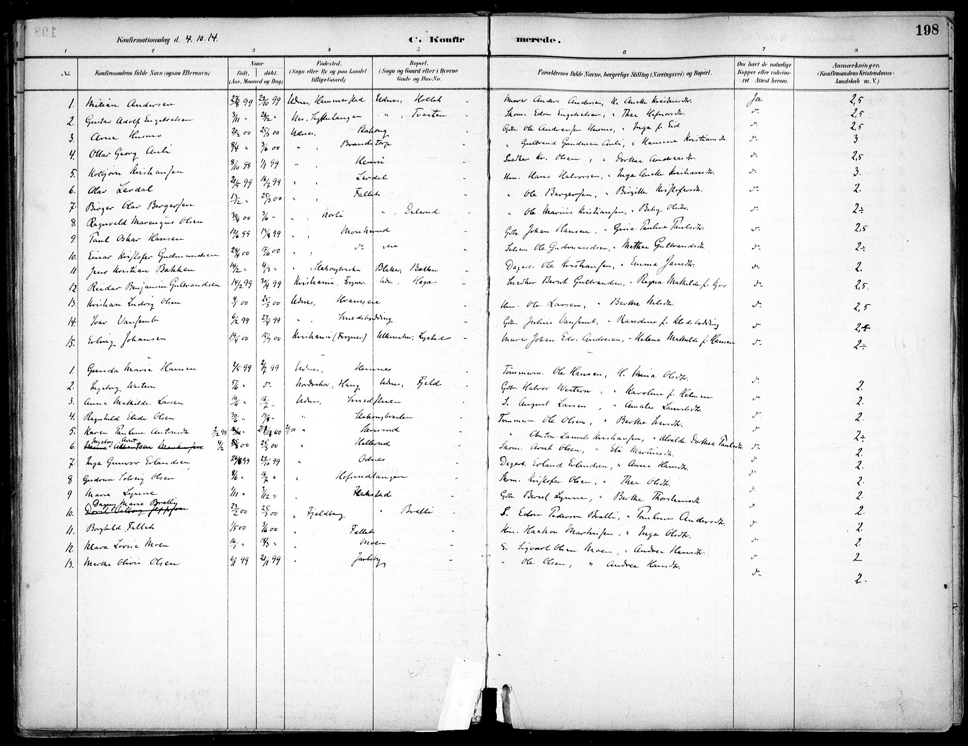 Nes prestekontor Kirkebøker, SAO/A-10410/F/Fc/L0002: Parish register (official) no. IIi 2, 1882-1916, p. 198