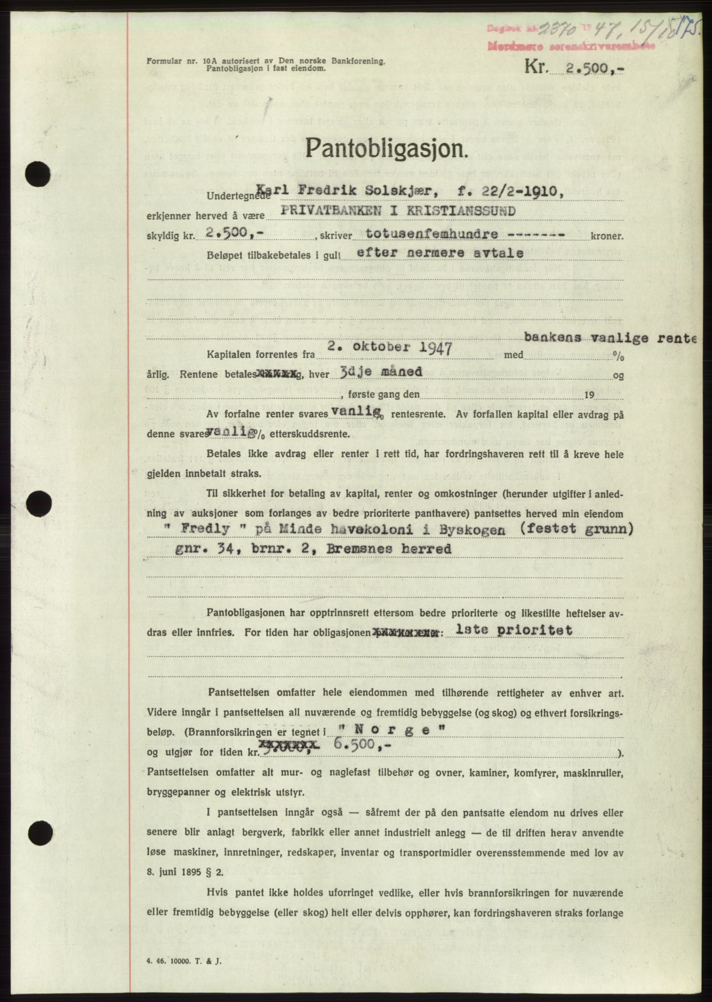 Nordmøre sorenskriveri, AV/SAT-A-4132/1/2/2Ca: Mortgage book no. B97, 1947-1948, Diary no: : 2370/1947