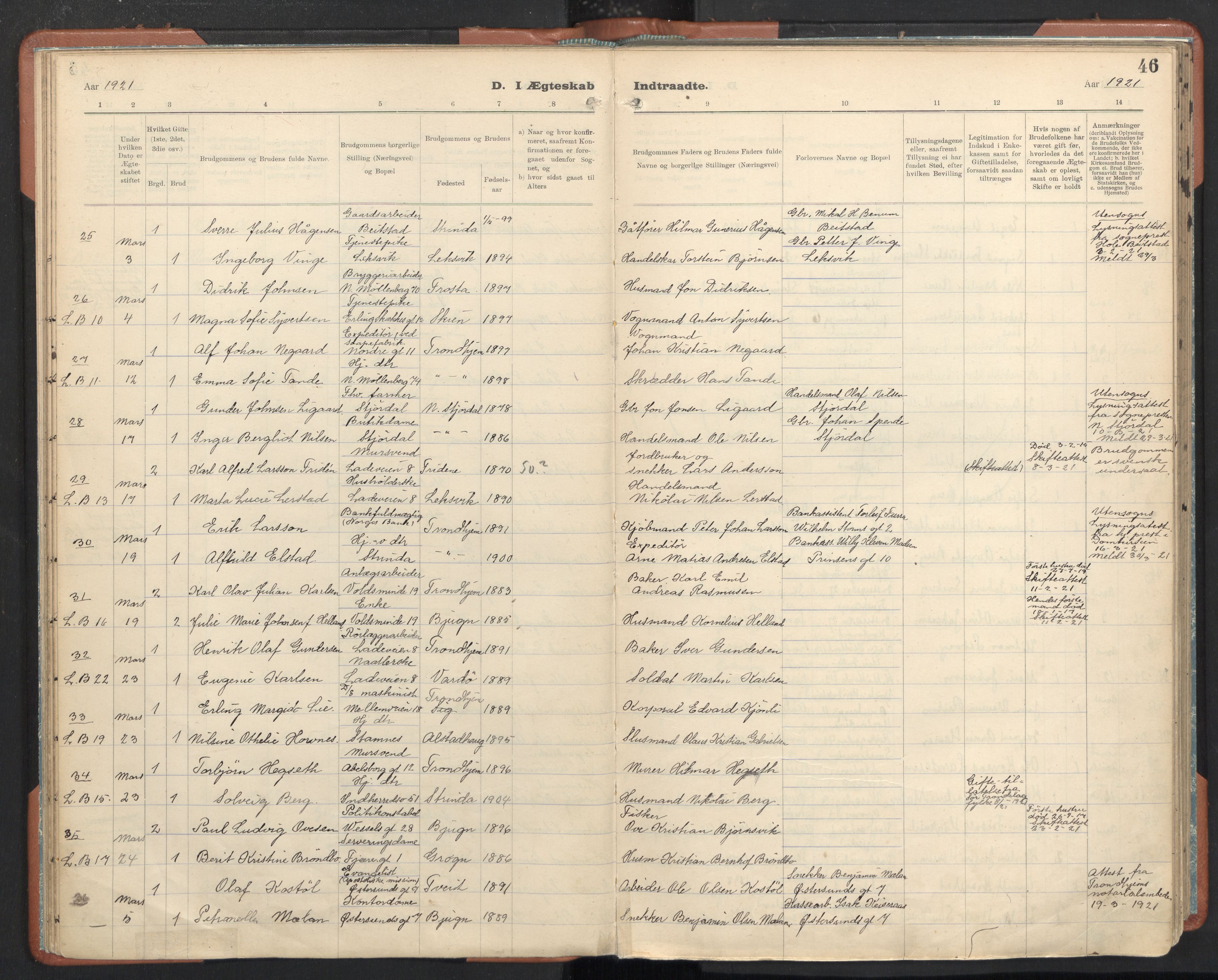 Ministerialprotokoller, klokkerbøker og fødselsregistre - Sør-Trøndelag, AV/SAT-A-1456/605/L0245: Parish register (official) no. 605A07, 1916-1938, p. 46