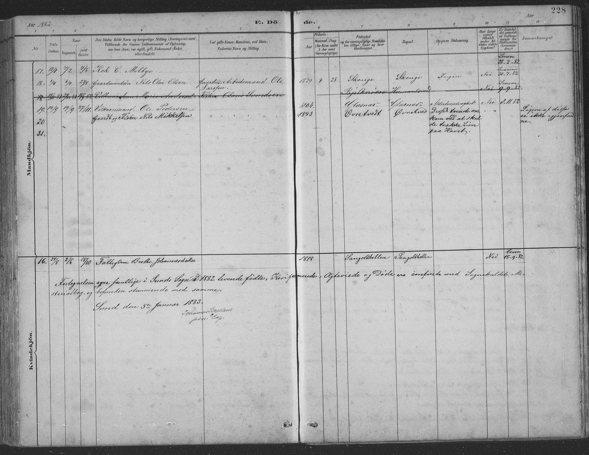 Sund sokneprestembete, AV/SAB-A-99930: Parish register (copy) no. B 3, 1882-1911, p. 228