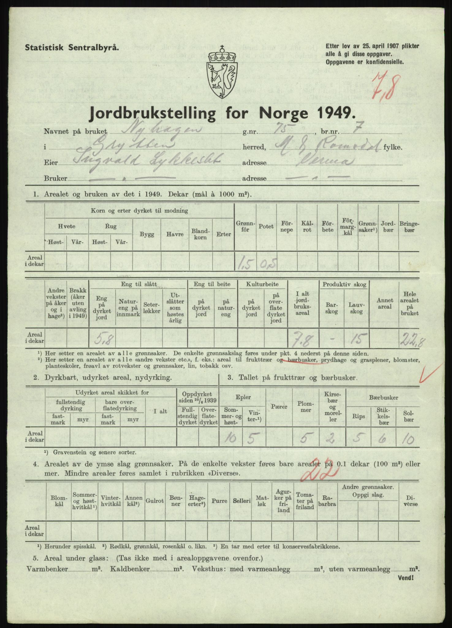 Statistisk sentralbyrå, Næringsøkonomiske emner, Jordbruk, skogbruk, jakt, fiske og fangst, AV/RA-S-2234/G/Gc/L0323: Møre og Romsdal: Grytten og Hen, 1949, p. 37