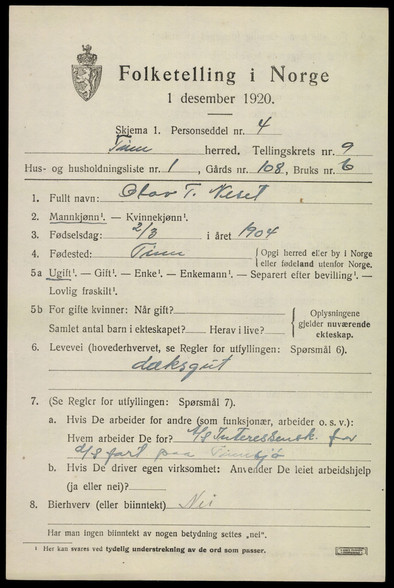 SAKO, 1920 census for Tinn, 1920, p. 5954