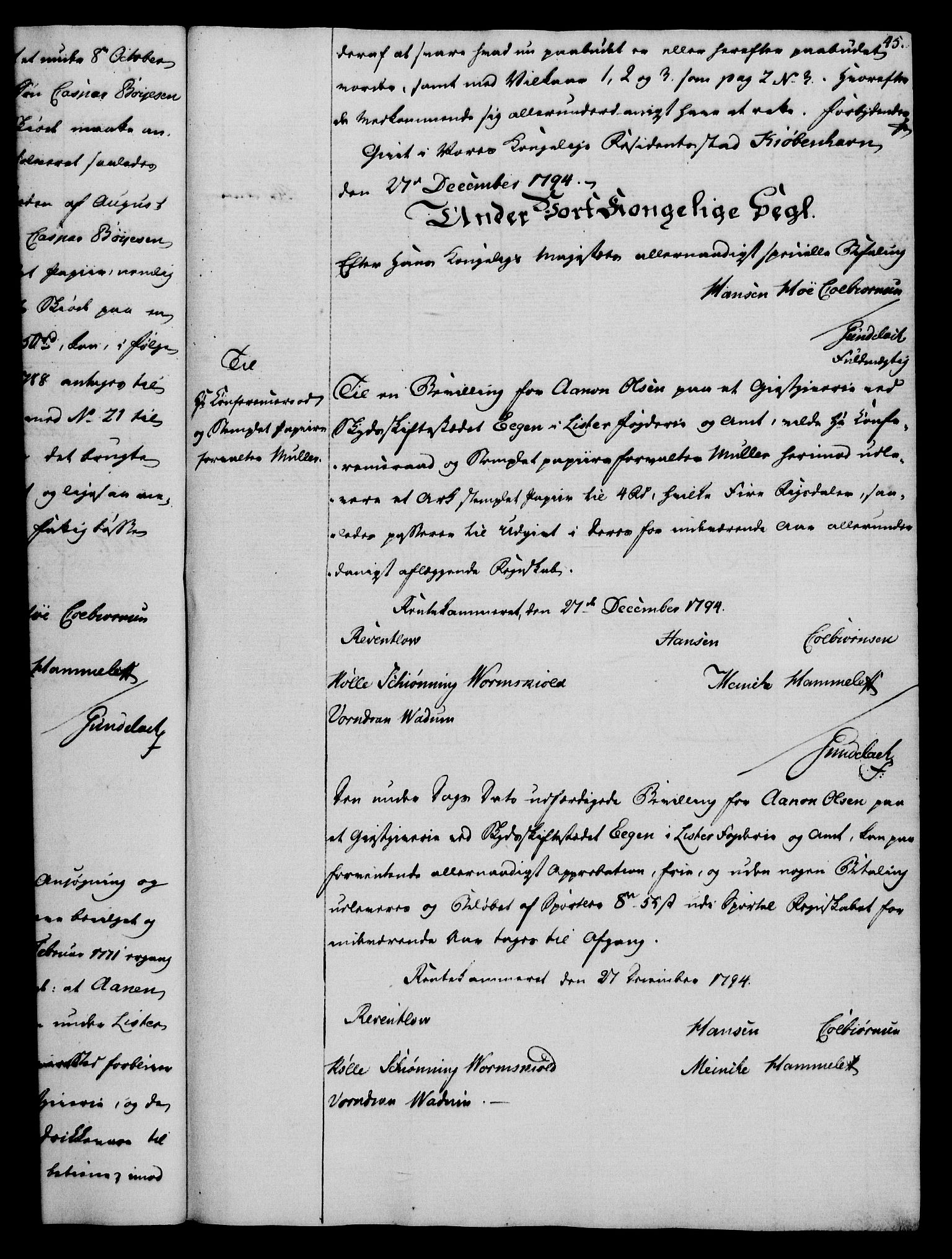 Rentekammeret, Kammerkanselliet, RA/EA-3111/G/Gg/Gga/L0016: Norsk ekspedisjonsprotokoll med register (merket RK 53.16), 1794-1800, p. 45