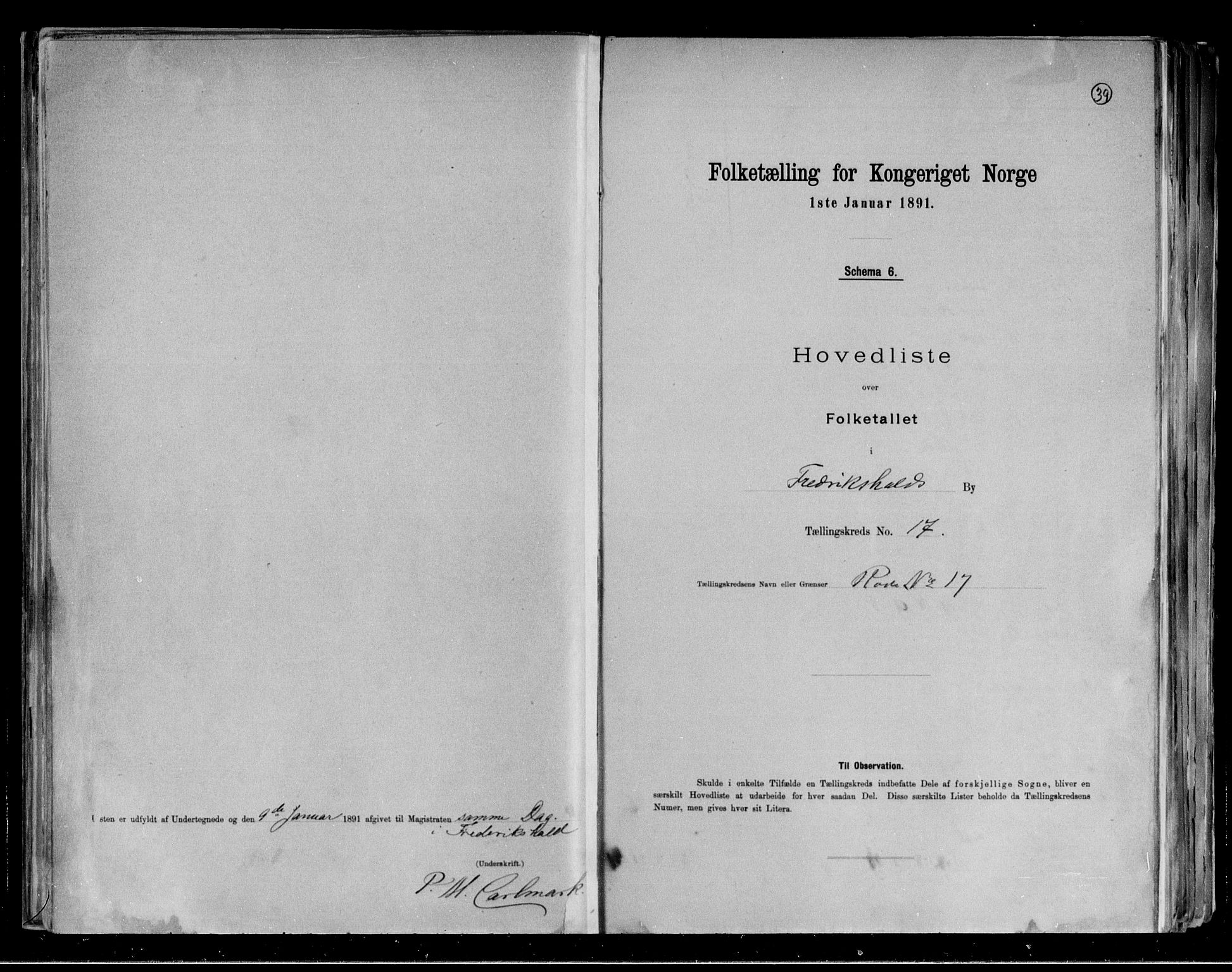 RA, 1891 census for 0101 Fredrikshald, 1891, p. 39