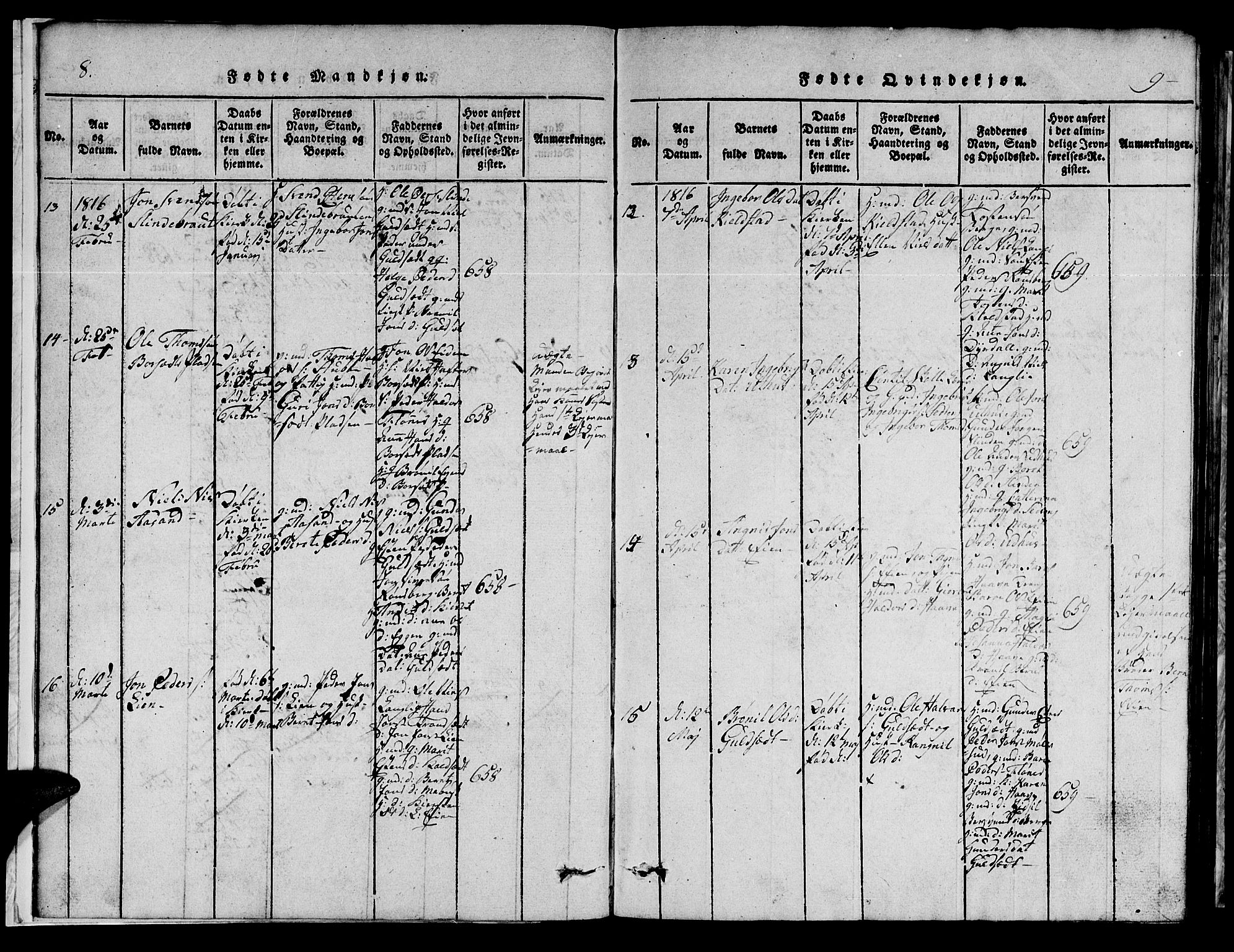 Ministerialprotokoller, klokkerbøker og fødselsregistre - Sør-Trøndelag, AV/SAT-A-1456/695/L1152: Parish register (copy) no. 695C03, 1816-1831, p. 8-9