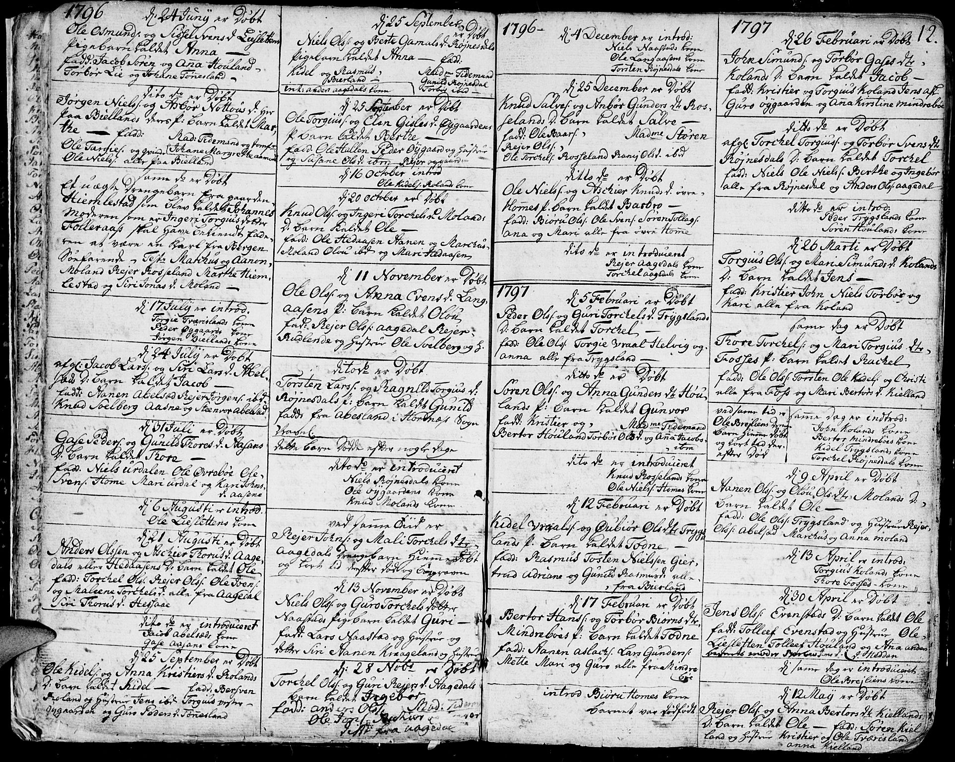 Bjelland sokneprestkontor, SAK/1111-0005/F/Fa/Faa/L0001: Parish register (official) no. A 1 /1, 1793-1815, p. 12