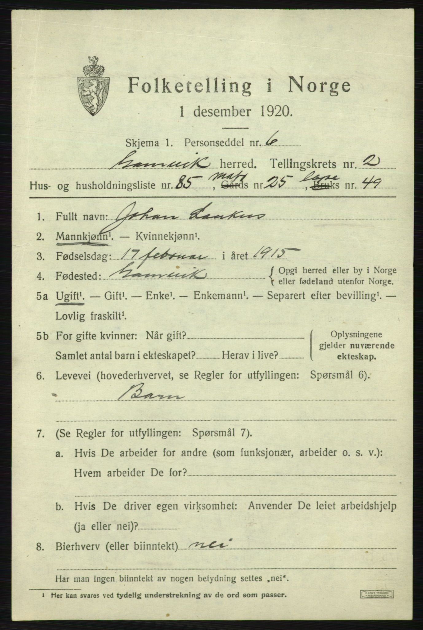 SATØ, 1920 census for Gamvik, 1920, p. 2390