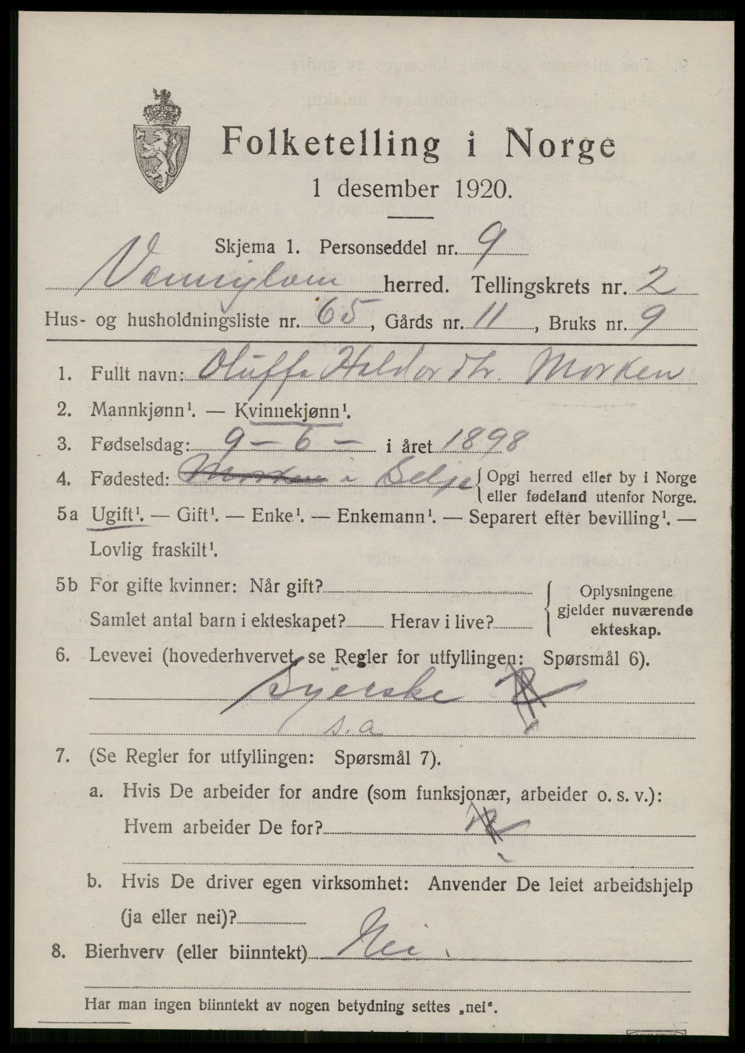 SAT, 1920 census for Vanylven, 1920, p. 1827