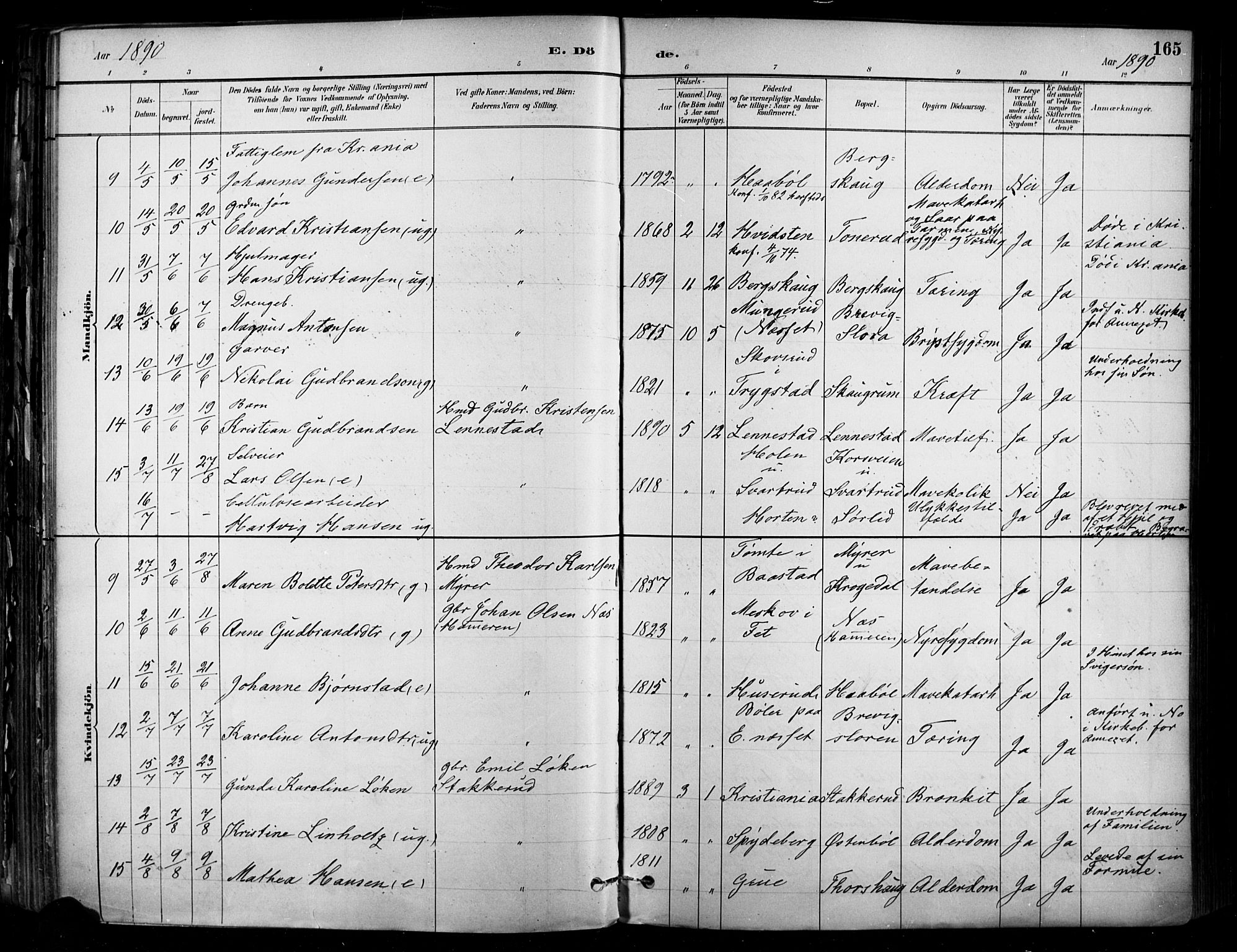 Enebakk prestekontor Kirkebøker, SAO/A-10171c/F/Fa/L0016: Parish register (official) no. I 16, 1883-1898, p. 165