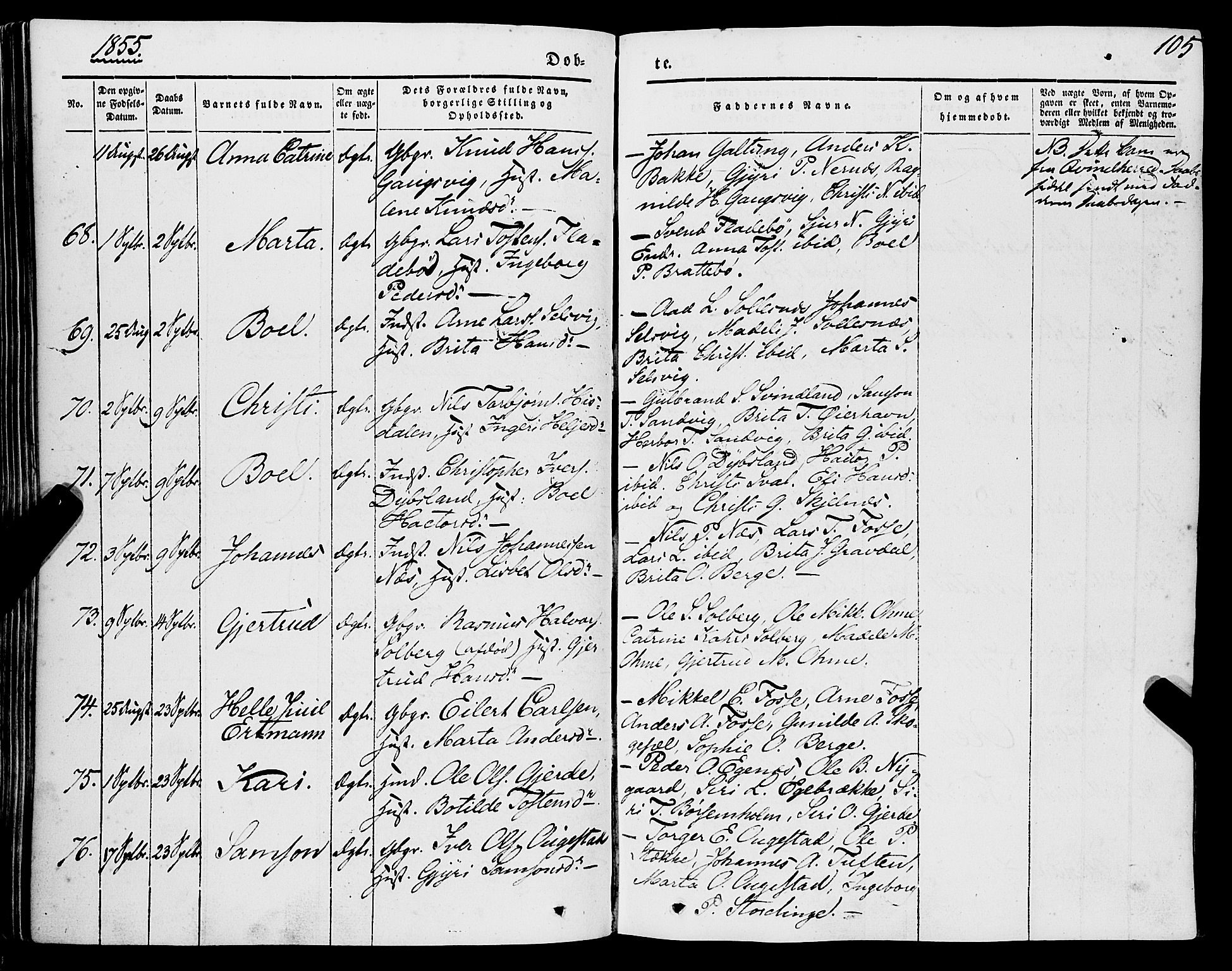 Strandebarm sokneprestembete, SAB/A-78401/H/Haa: Parish register (official) no. A 7, 1844-1872, p. 105