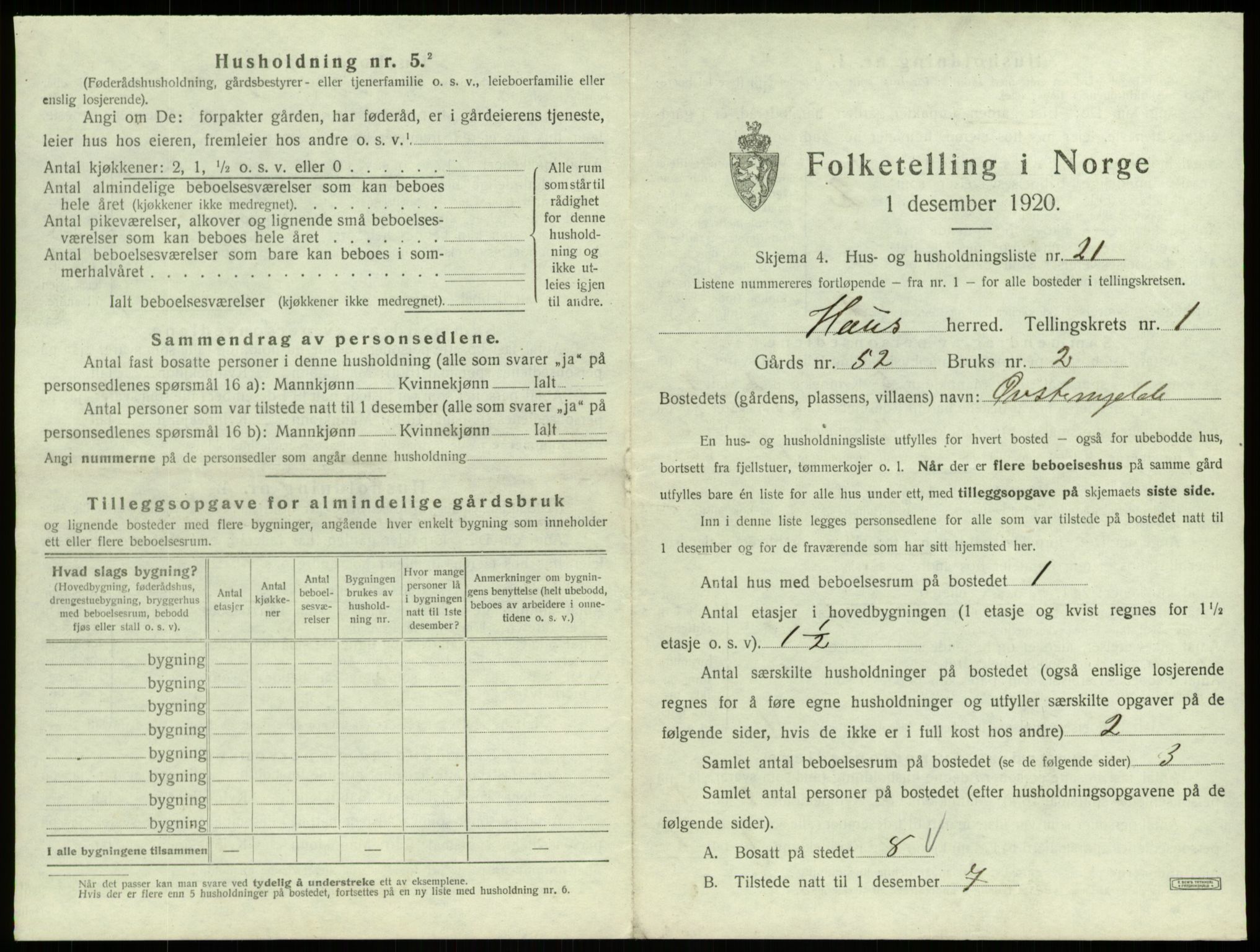 SAB, 1920 census for Haus, 1920, p. 105