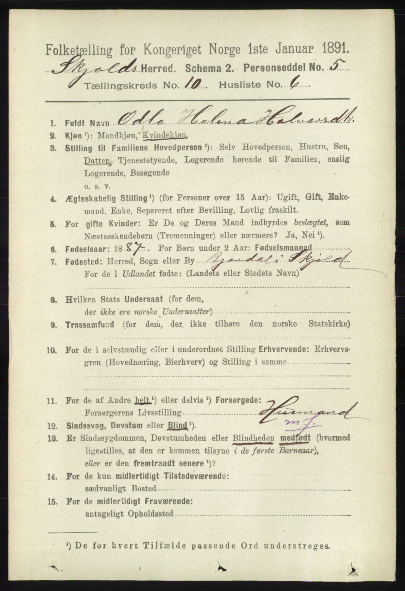 RA, 1891 census for 1154 Skjold, 1891, p. 2032