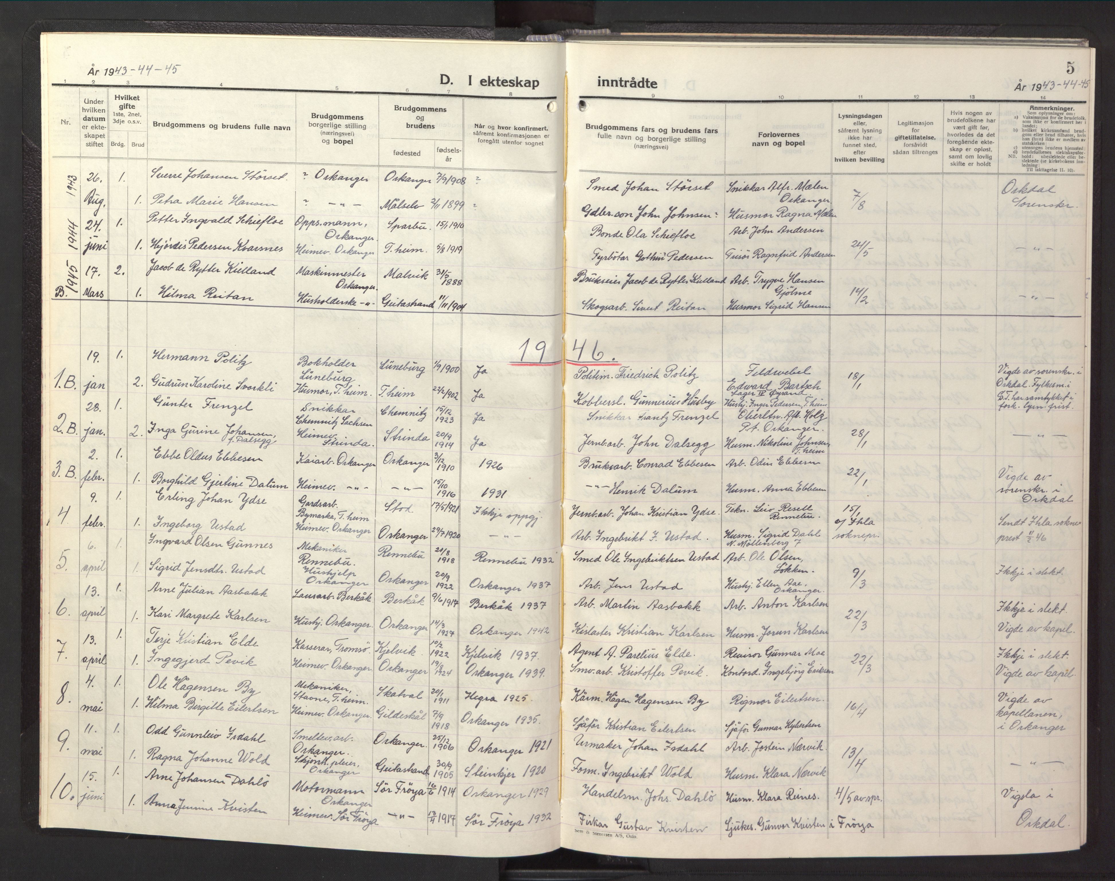 Ministerialprotokoller, klokkerbøker og fødselsregistre - Sør-Trøndelag, AV/SAT-A-1456/669/L0833: Parish register (copy) no. 669C03, 1945-1950, p. 5