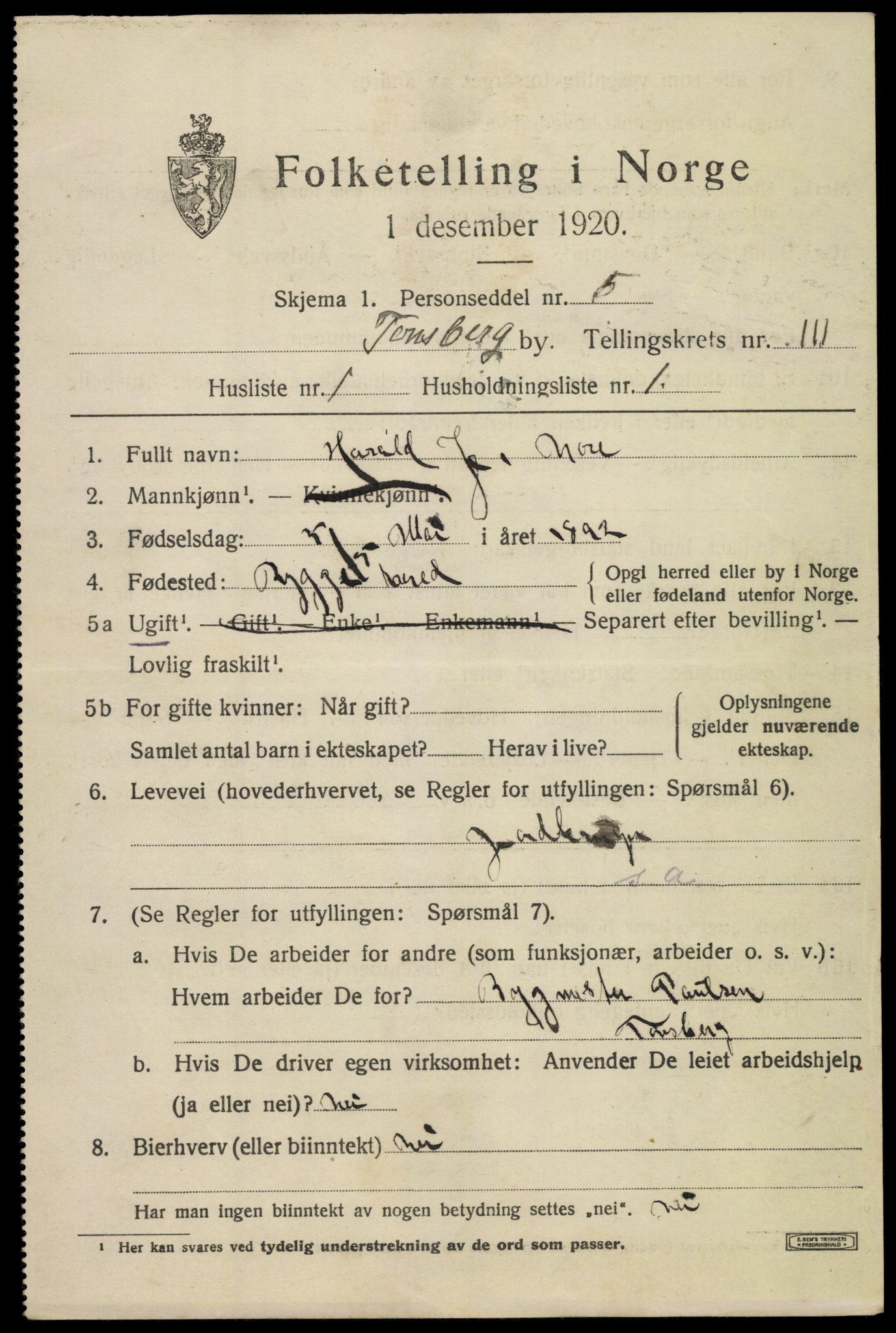 SAKO, 1920 census for Tønsberg, 1920, p. 10879