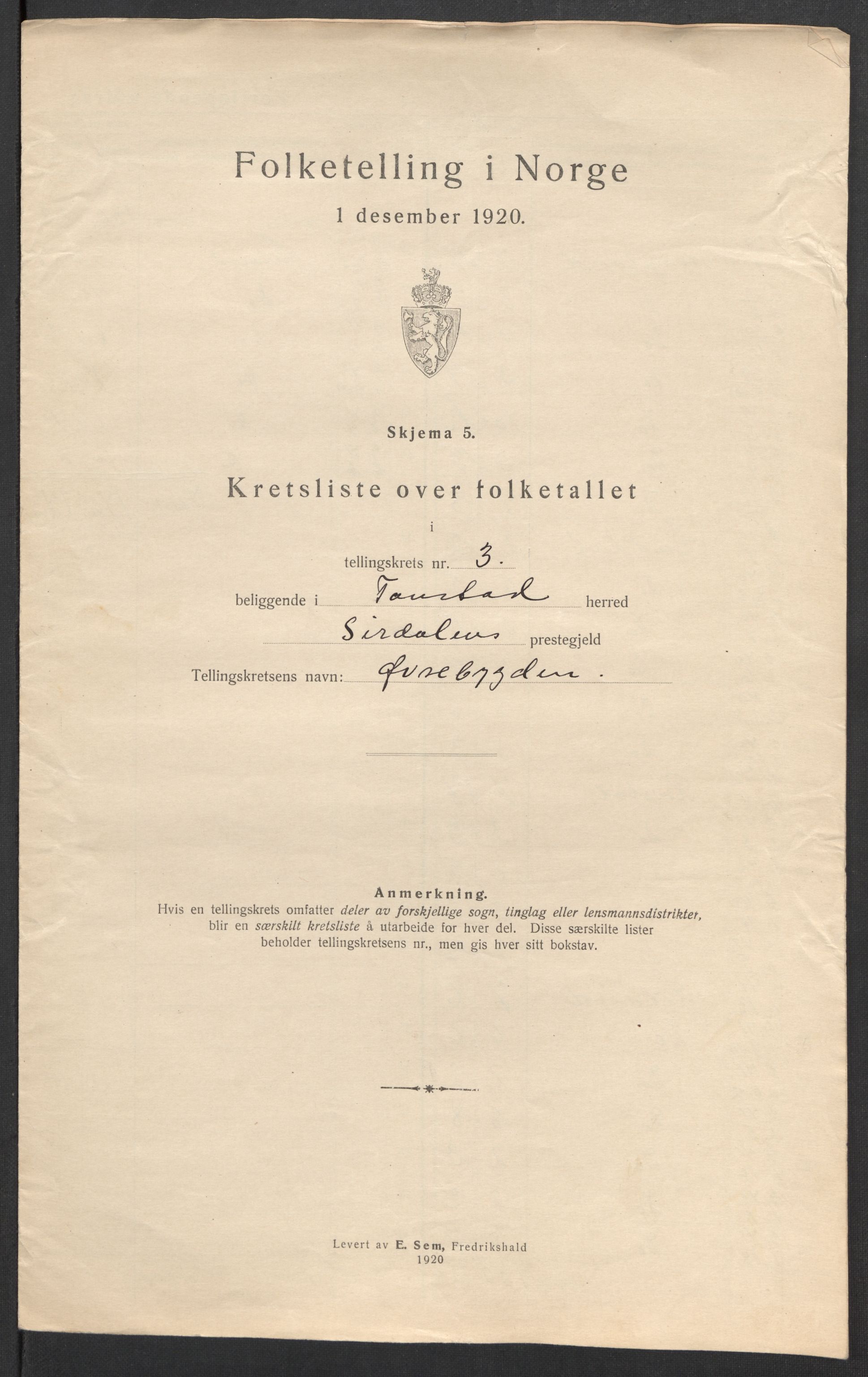 SAK, 1920 census for Tonstad, 1920, p. 17